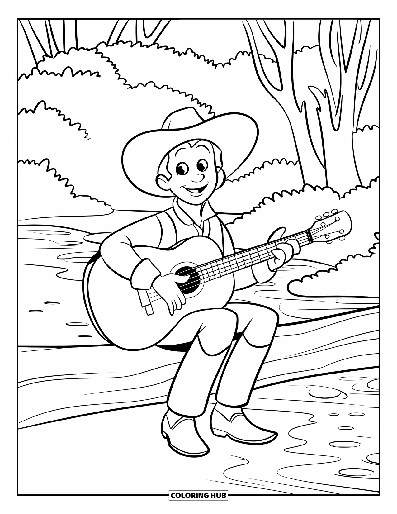 Cowboy Coloring Page for Kids: A cowboy relaxes by a river, holding his guitar near the trees