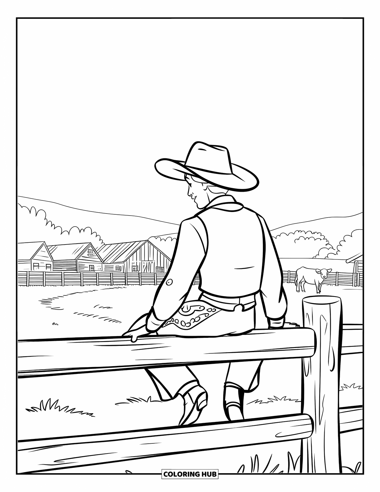 Cowboy Coloring Page for Kids: A cowboy rests on a fence, watching over a calm ranch with trees and cows