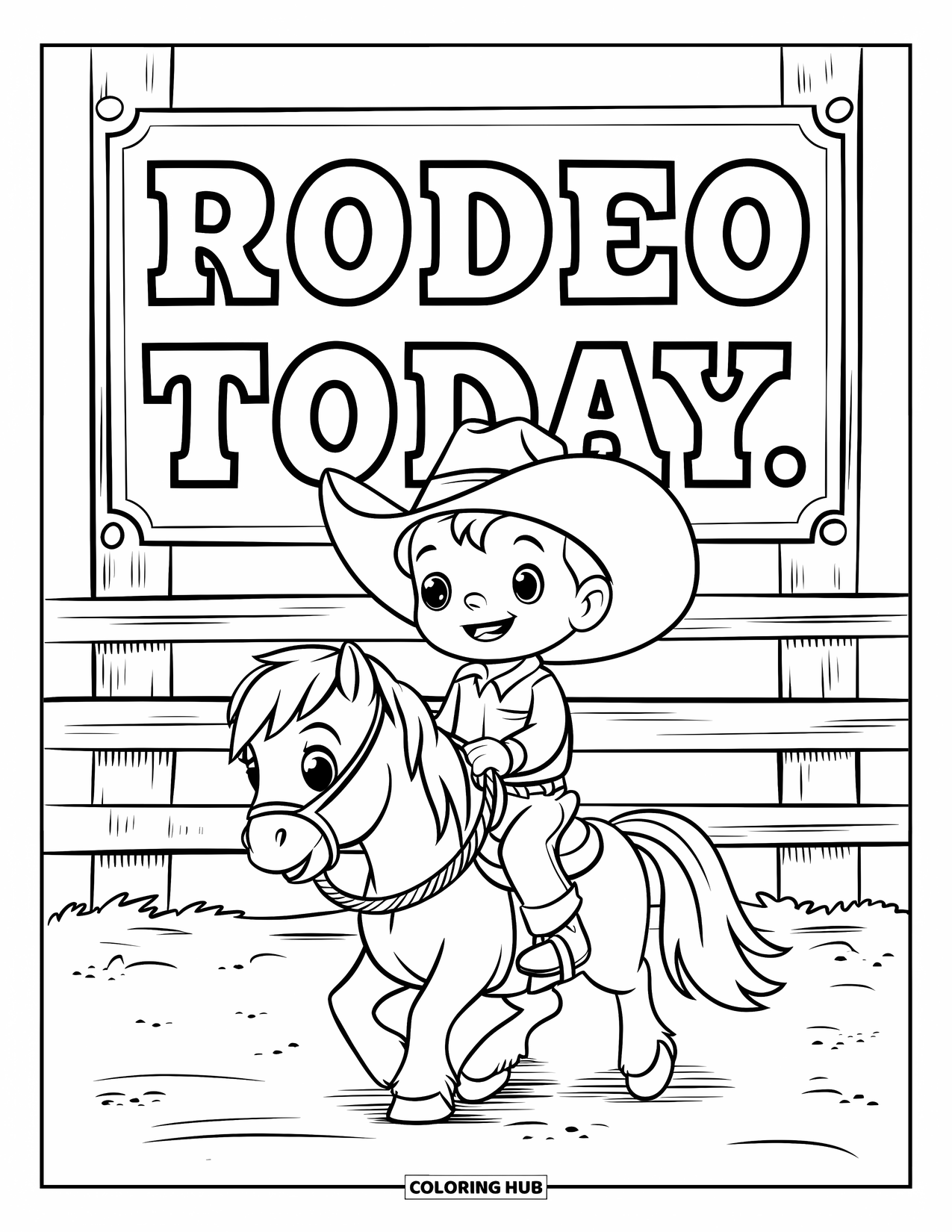 Cowboy Coloring Page for Kids: A cowboy rides his pony across dusty ground under a ìRodeo Todayî sign