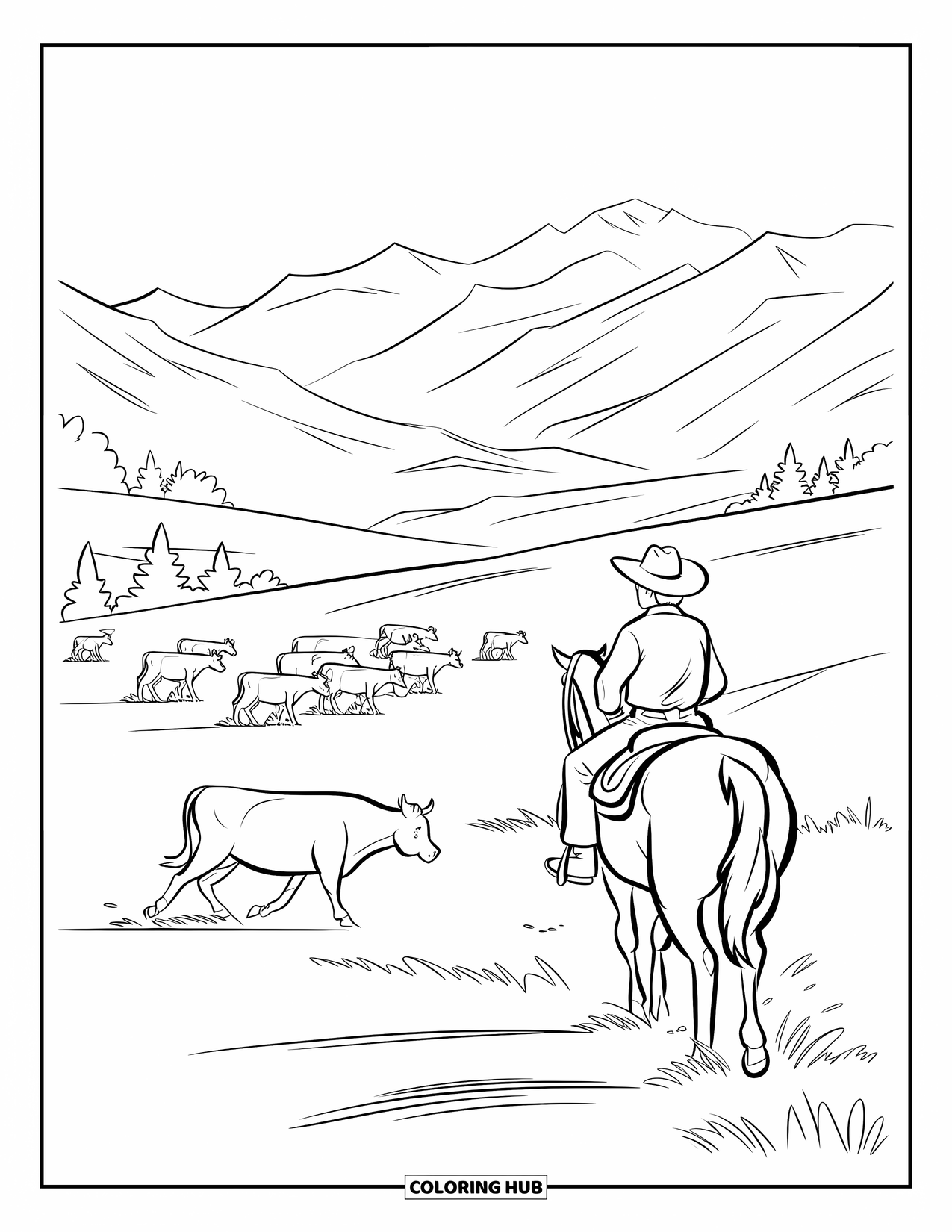 Cowboy Coloring Page for Kids: A cowboy rides through a wide field herding cattle with mountains rising in the distance
