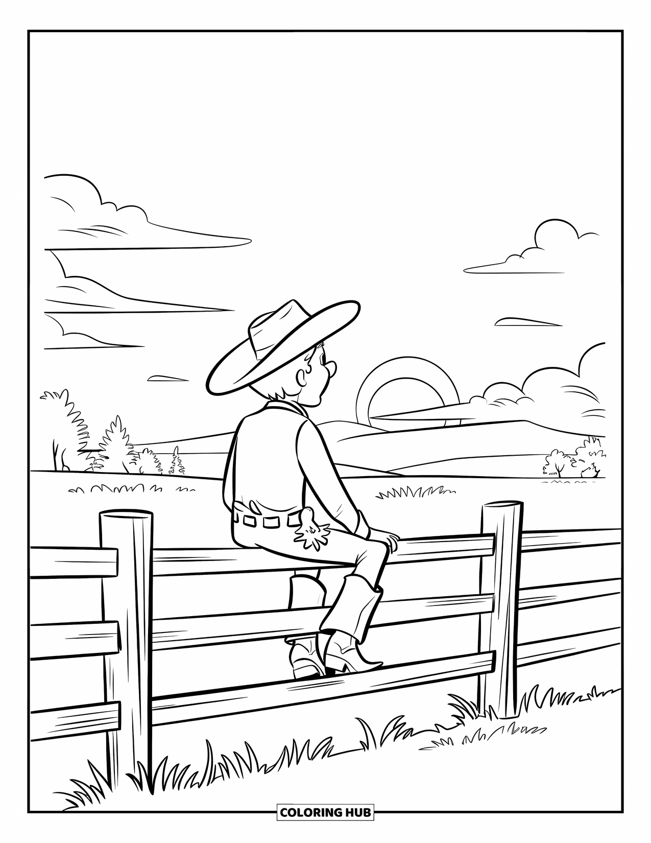 Cowboy Coloring Page for Kids: A cowboy sits on a fence watching the sunset across the open land
