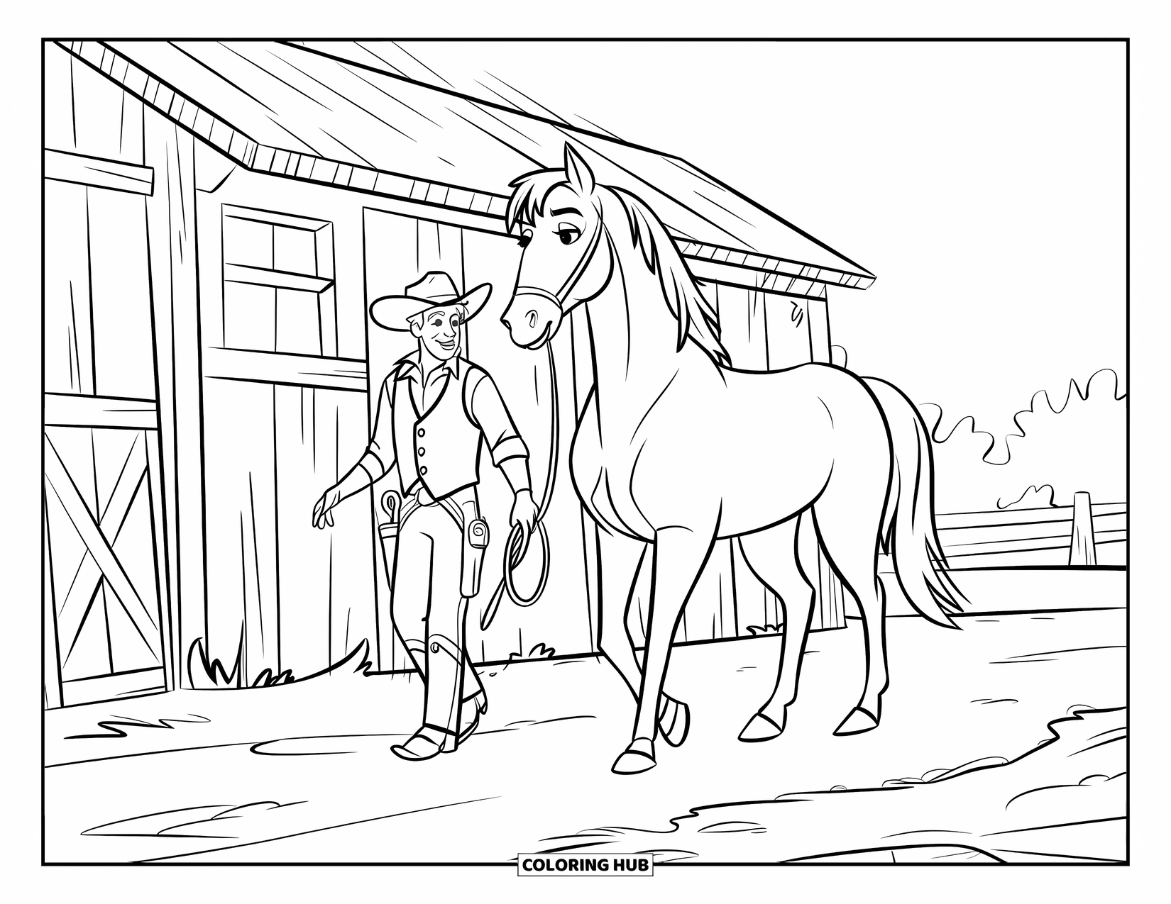 Cowboy Coloring Page for Kids: A cowboy walks with his horse near a wooden barn under an open sky