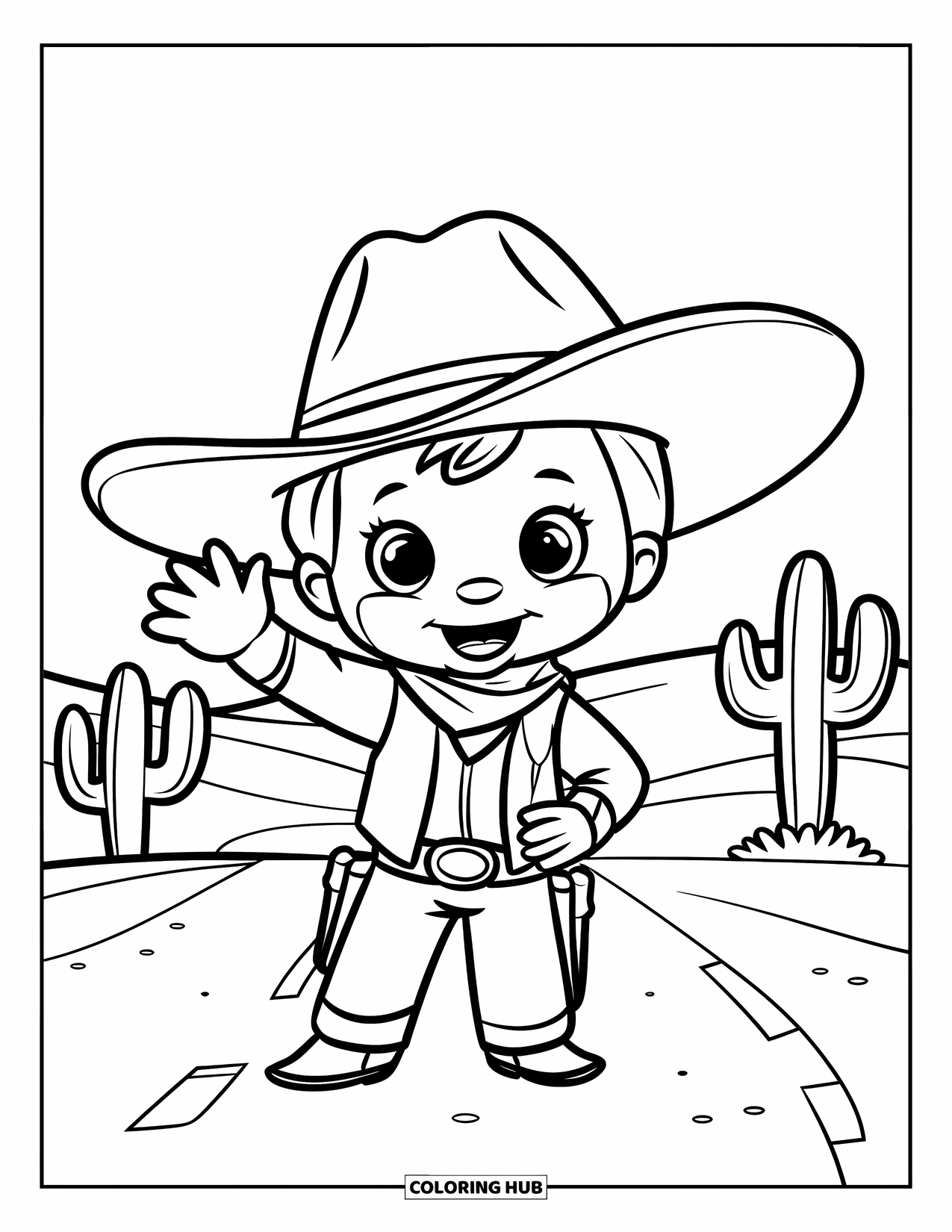 Cowboy Coloring Page for Kids: A cowboy with a big hat waves from a dirt road lined with cacti