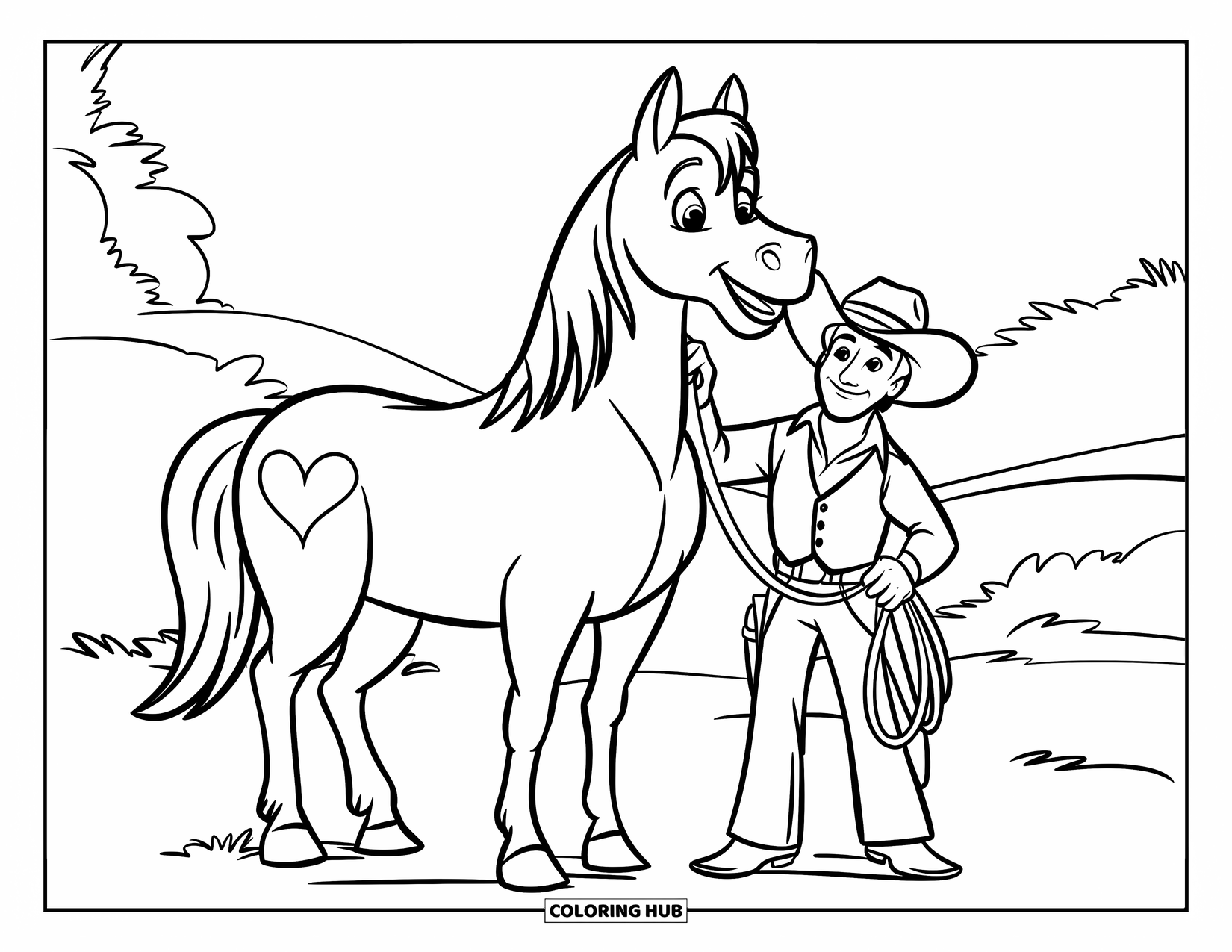 Cowboy Coloring Page for Kids: A cowboy with a wide hat stands beside a horse marked with a heart-shaped brand