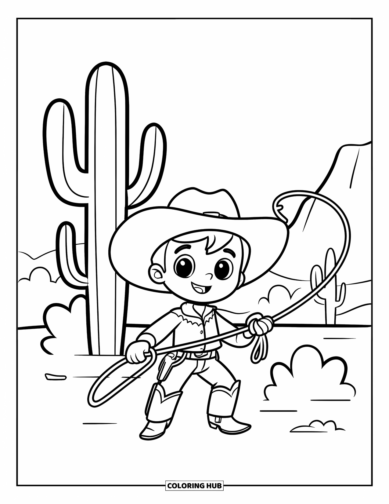 Cowboy Coloring Page for Kids: A cute cowboy stands with a lasso and cactus behind him in the desert