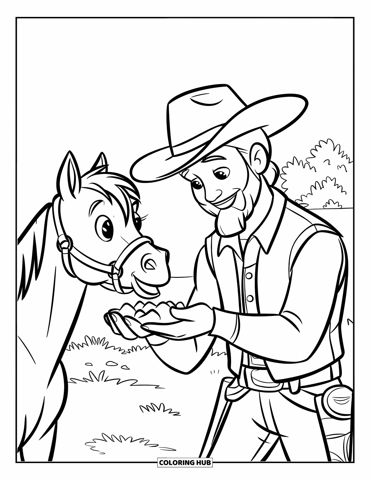Cowboy Coloring Page for Kids: A friendly cowboy feeds a small horse in a grassy field with trees nearby