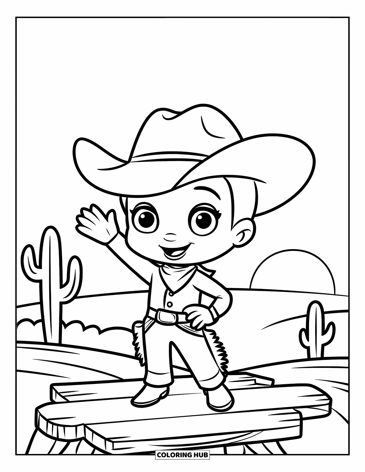 Cowboy Coloring Page for Kids: A friendly cowboy waves from a wooden platform with cacti and a sunset behind him