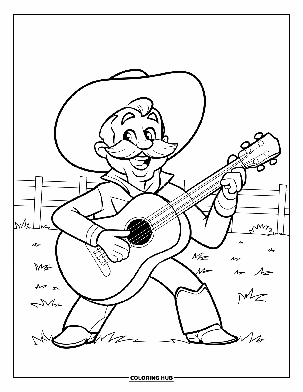 Cowboy Coloring Page for Kids: A happy cowboy with a mustache holds a guitar in a grassy field near a fence
