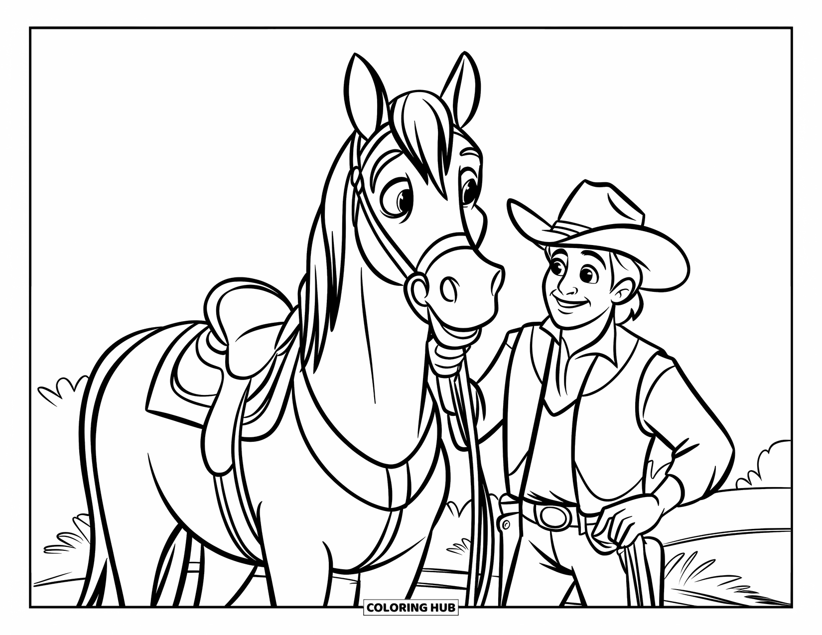 Cowboy Coloring Page for Kids: A smiling cowboy holds the reins of his horse in a peaceful, open field