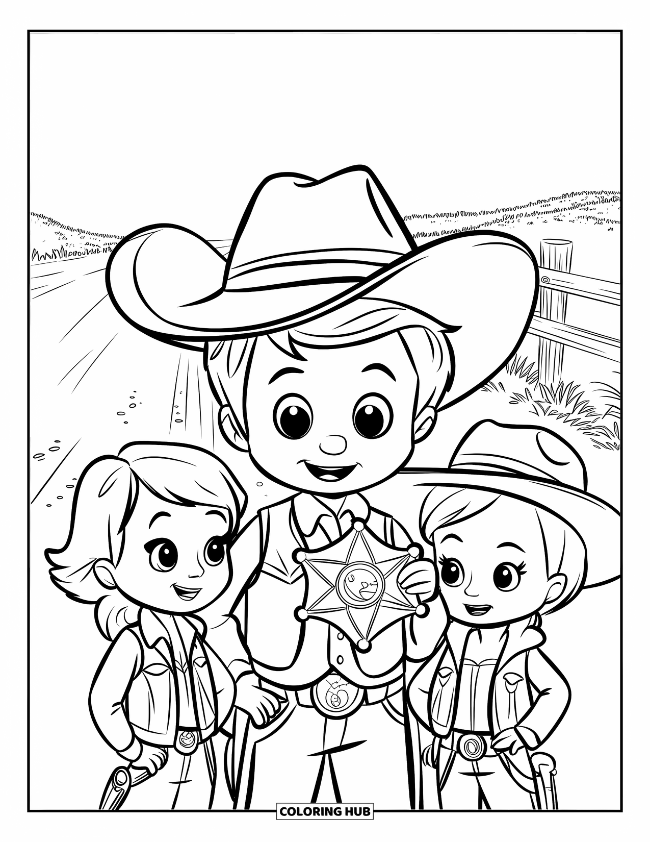 Cowboy Coloring Page for Kids: A smiling cowboy holds up a sheriff badge beside two friends and a dusty fence
