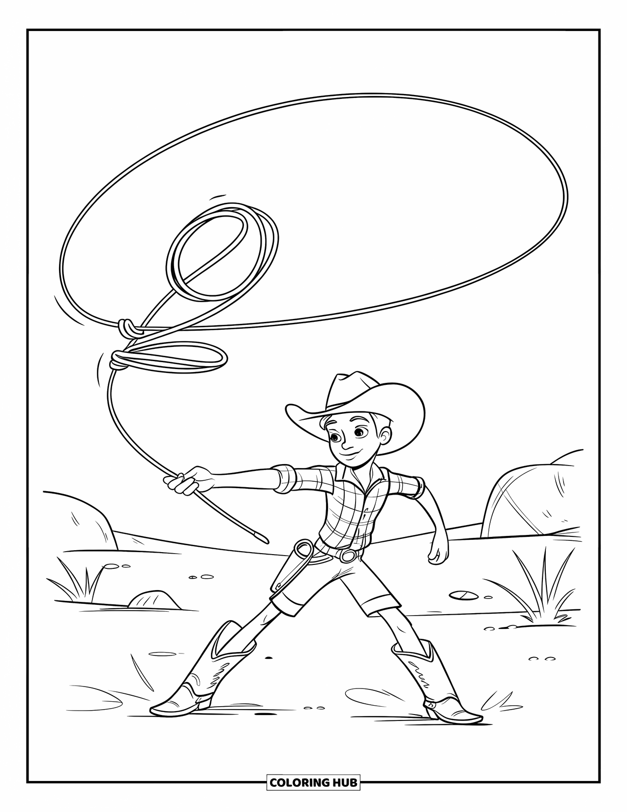 Cowboy Coloring Page for Kids: A smiling cowboy in plaid tosses his lasso in a dusty field with plants and rocks