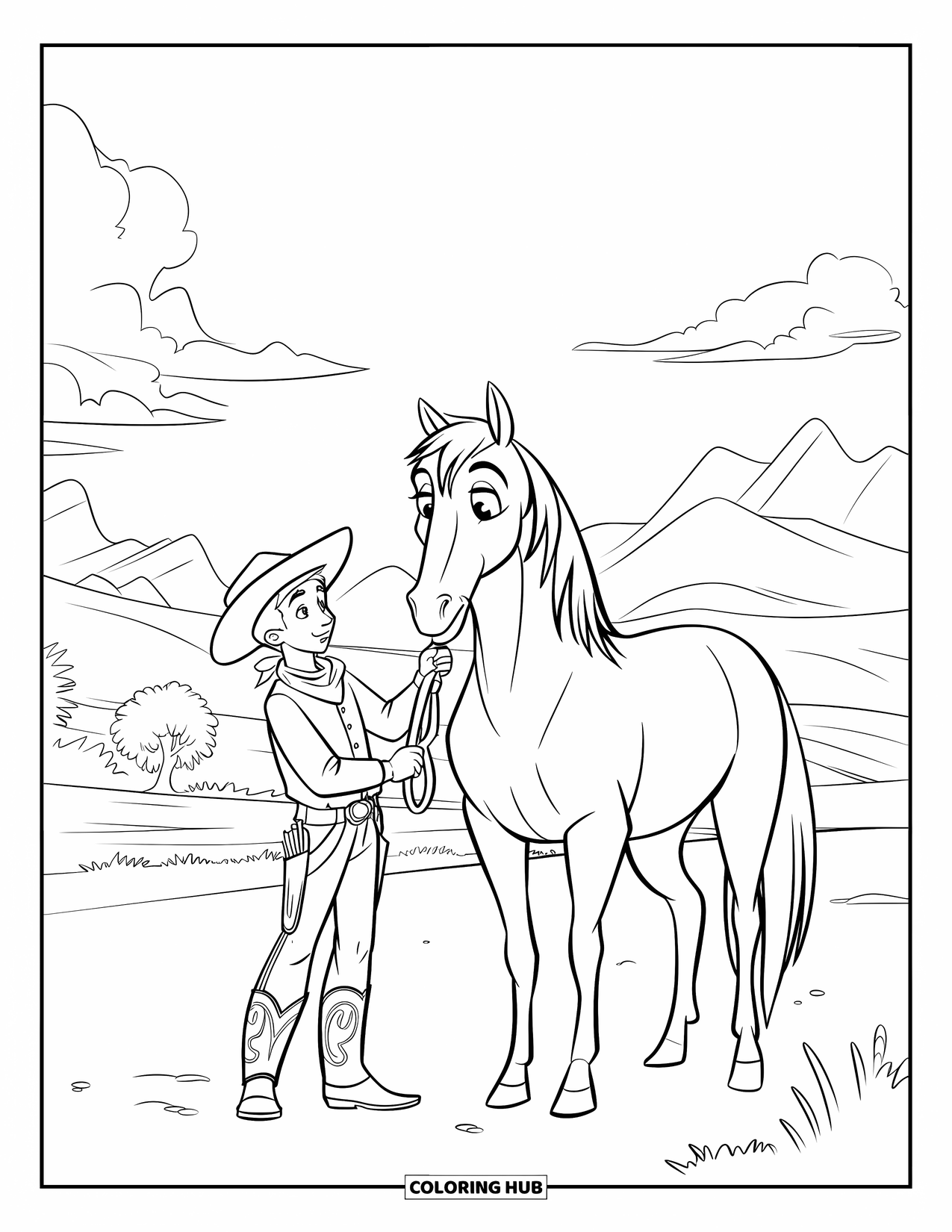 Cowboy Coloring Page for Kids: A teenage cowboy ties his horse near mountains, trees, and a cloudy sky