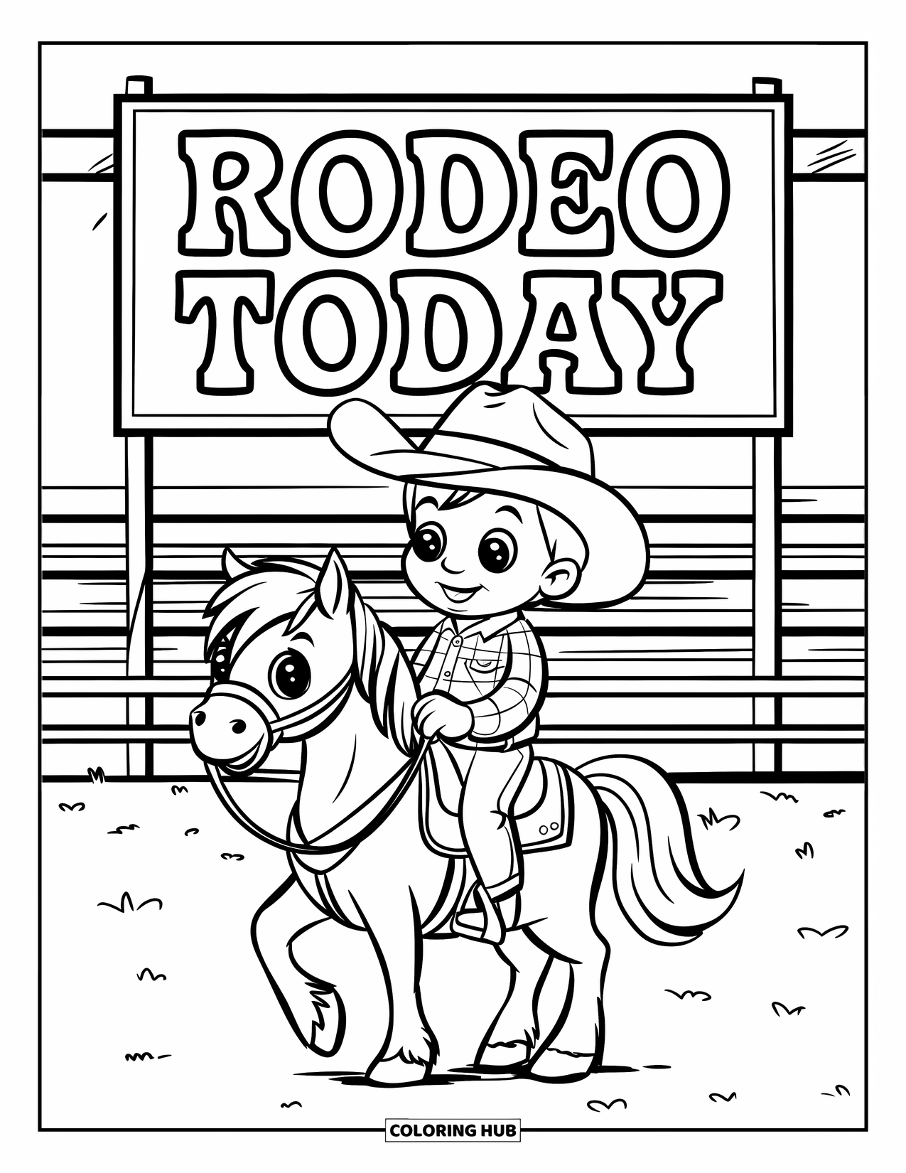 Cowboy Coloring Page for Kids: A young cowboy on a pony rides past a sign and rodeo bleachers