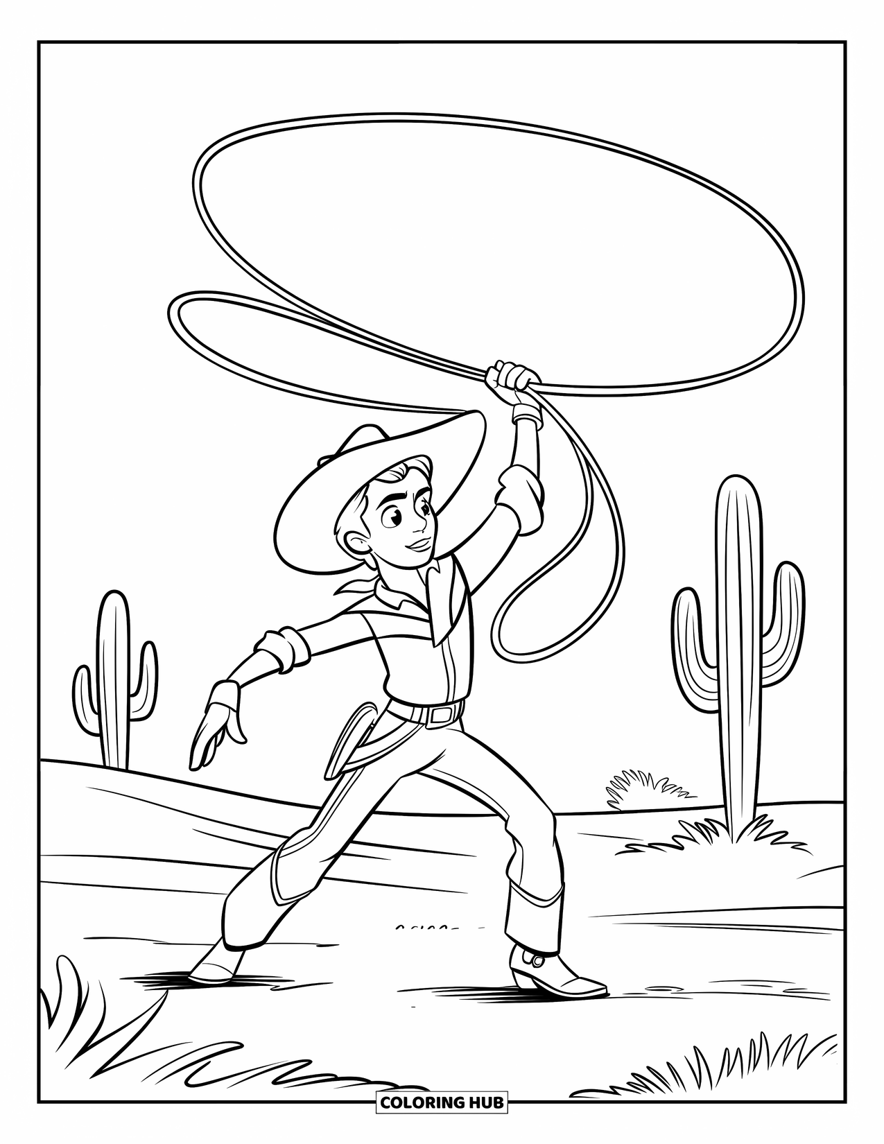 Cowboy Coloring Page for Kids: A young cowboy swings his lasso in a wide, open field dotted with cacti