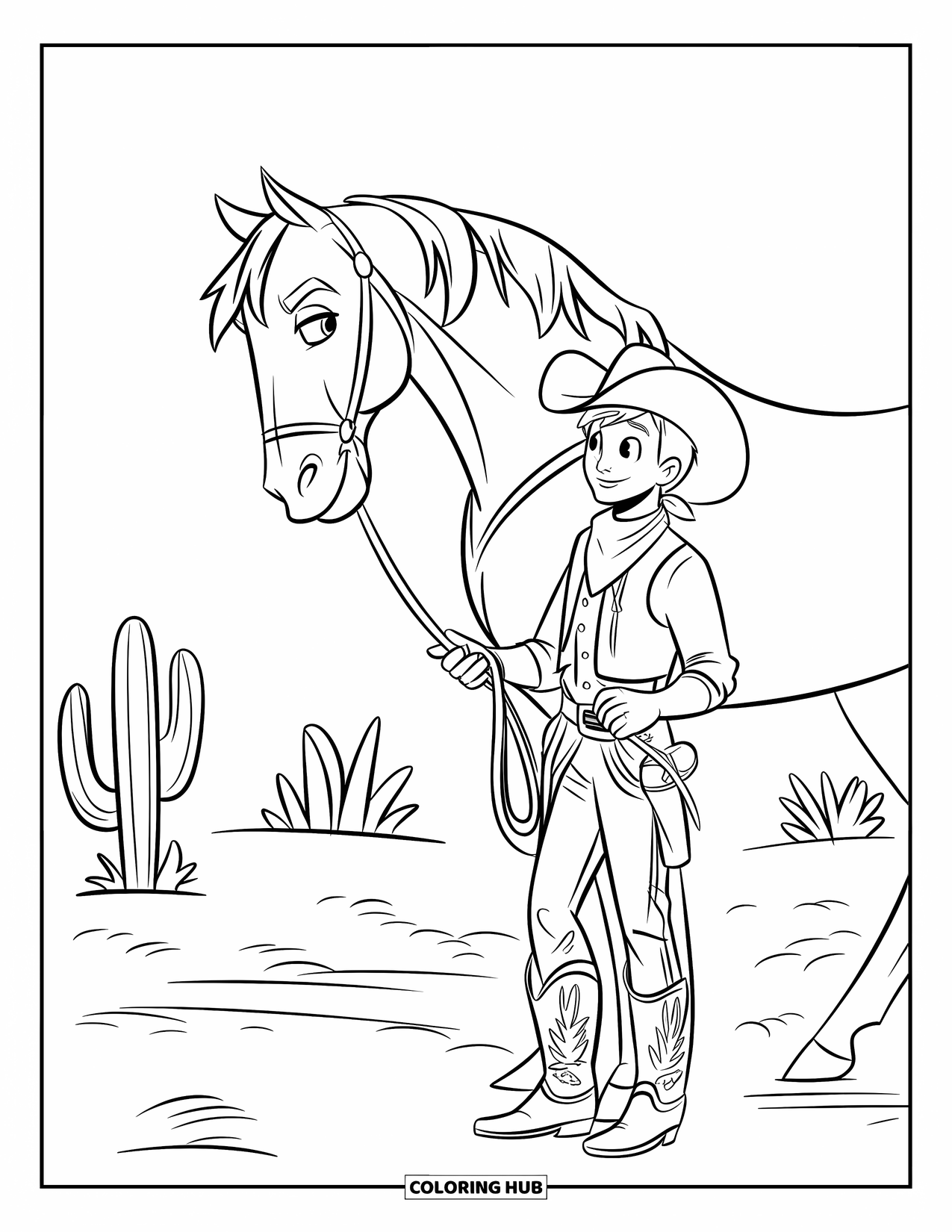 Cowboy Coloring Page for Kids: A young cowboy ties his horse under a cloudy sky near cacti and open land