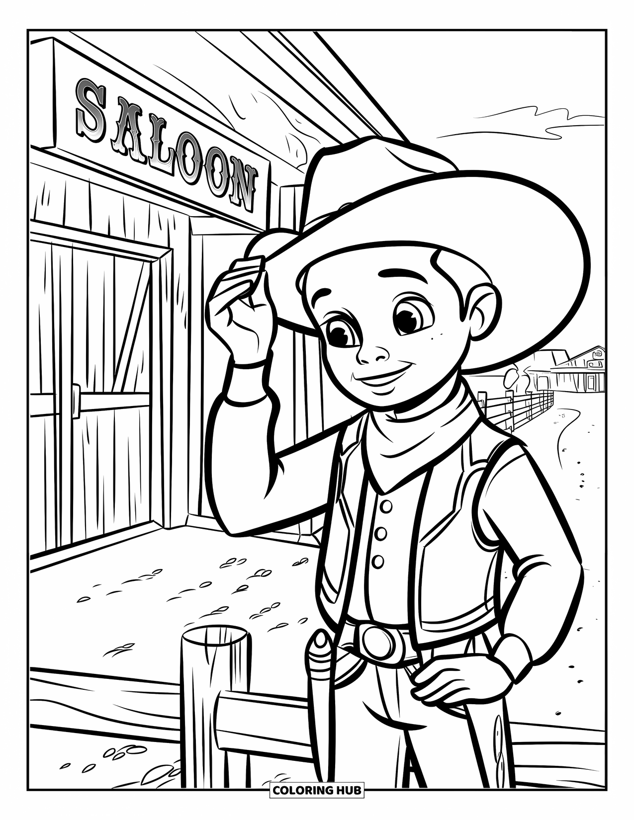 Cowboy Coloring Page for Kids: A young cowboy tips his hat outside a saloon with dusty roads and nearby buildings