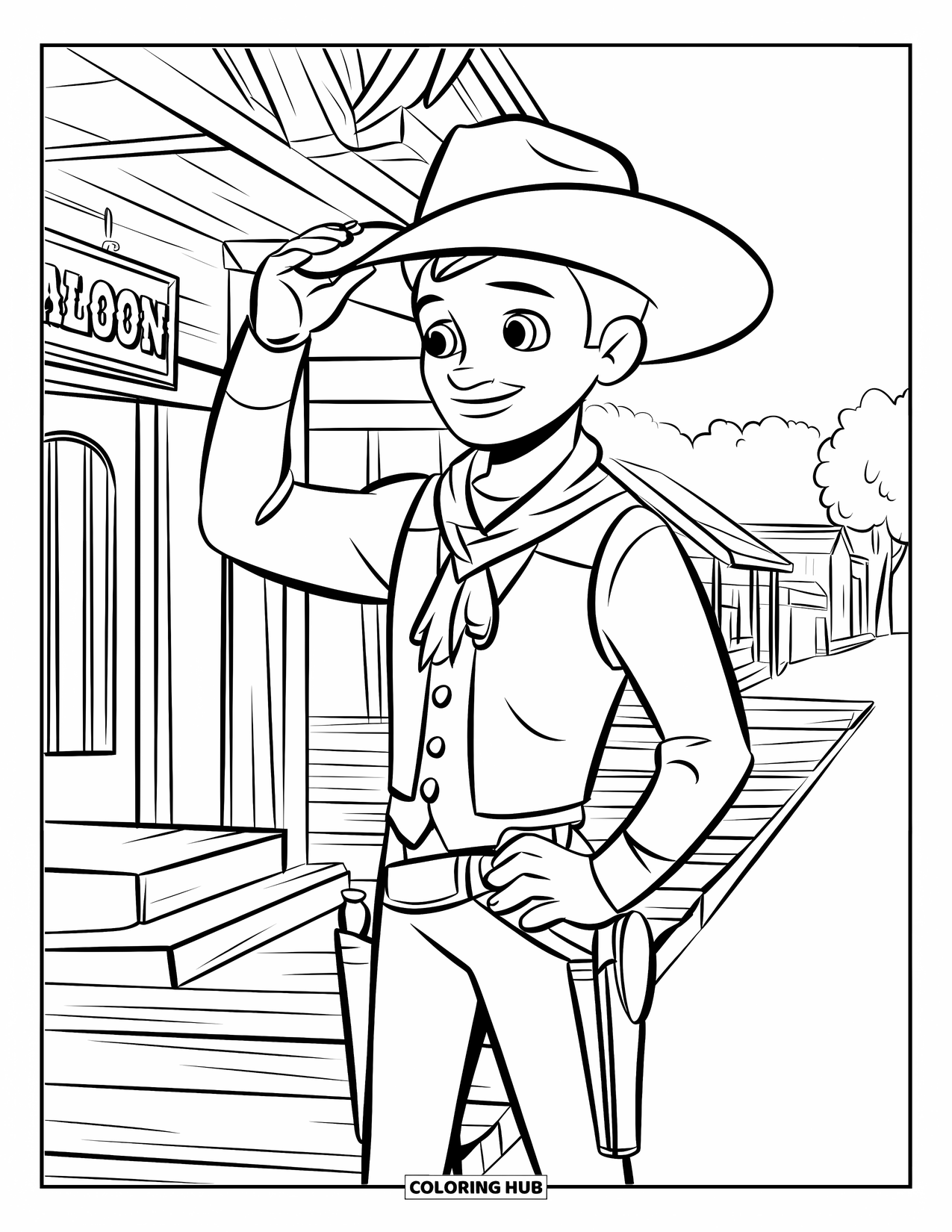 Cowboy Coloring Page for Kids: A young cowboy tips his hat outside a saloon with wooden walls and trees behind