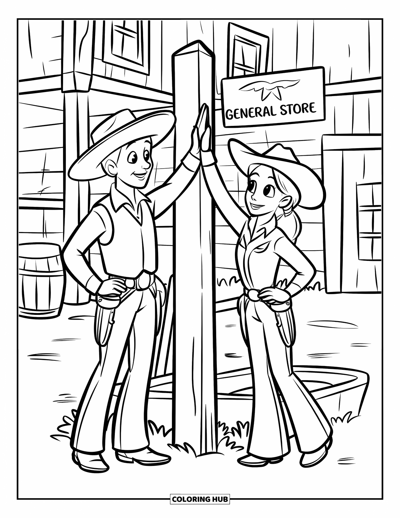 Cowboy Coloring Page for Kids: The cowboy and cowgirl high-five near barrels, a hitching post, and a general store