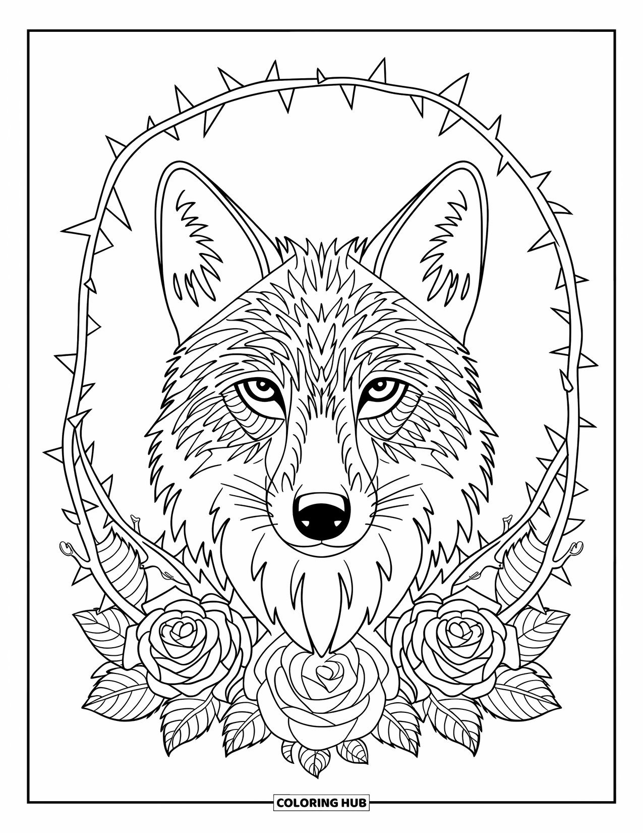 Coyote Coloring Page for Adults: A close-up of a coyote's face framed by roses, thorns, and leaves