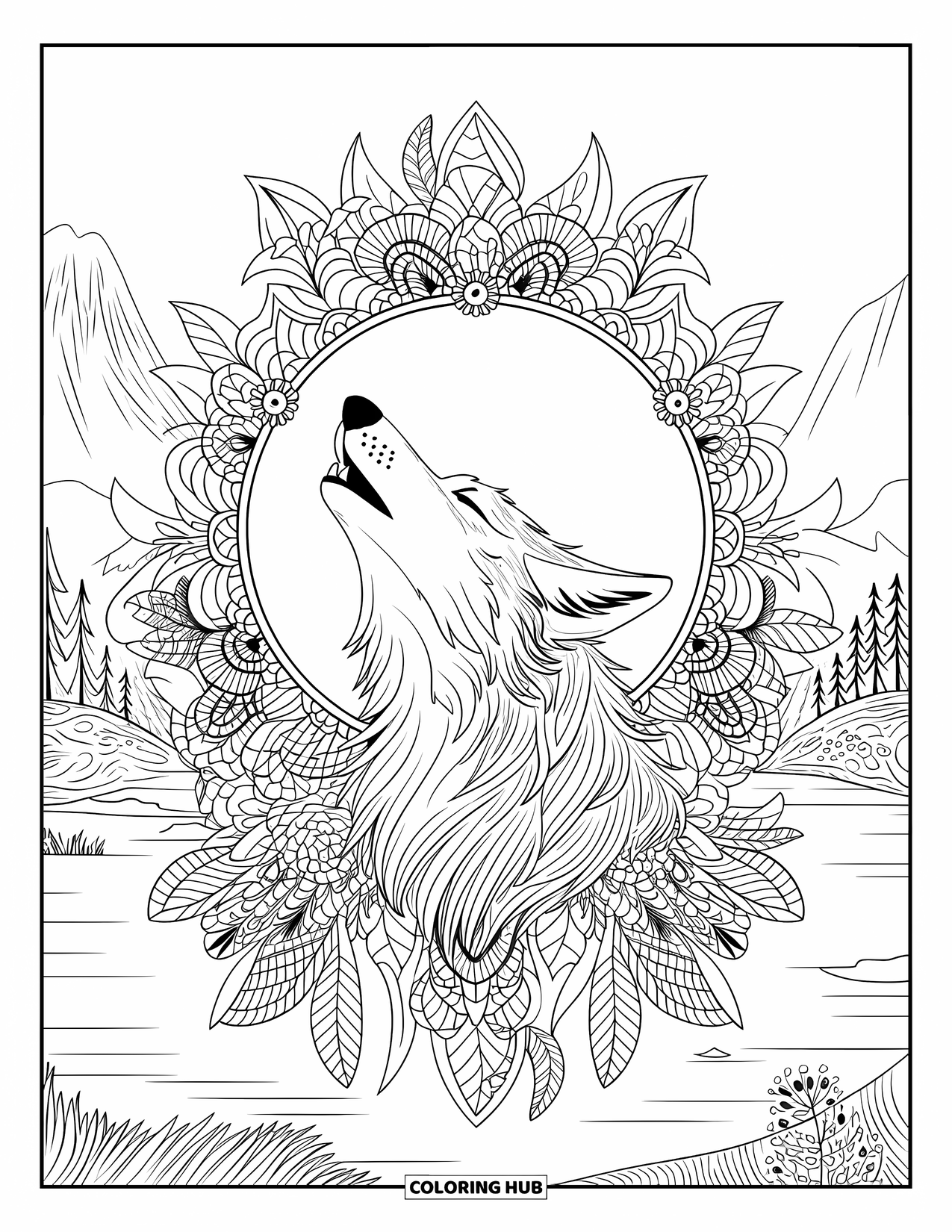 Coyote Coloring Page for Adults: A coyote howls at the moon within a mandala of flowers and leaves