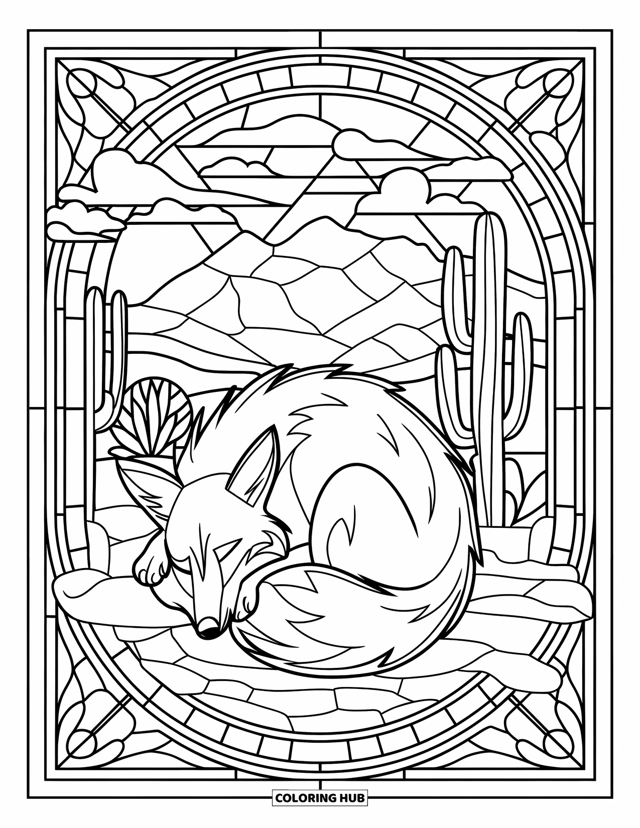 Coyote Coloring Page for Adults: A coyote naps in the desert, surrounded by mountains, cacti, and soft clouds