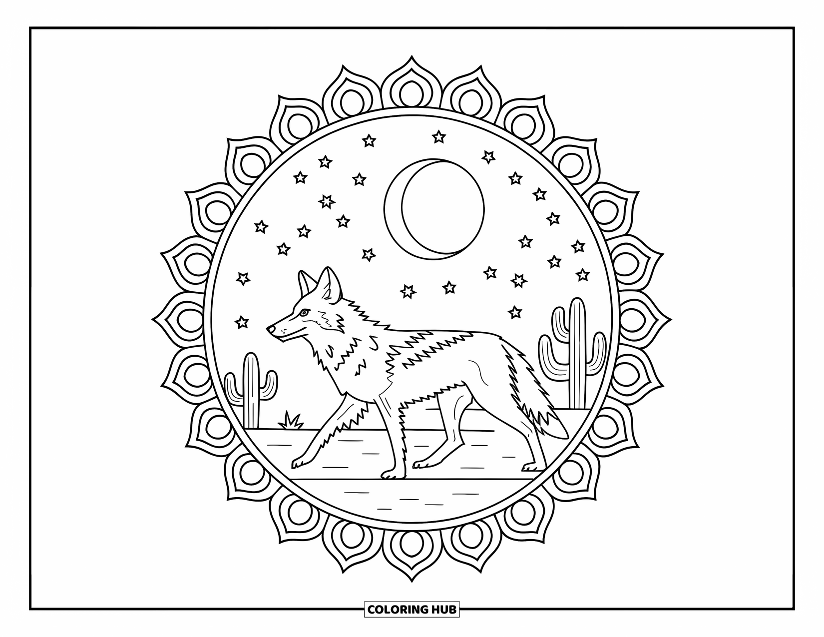 Coyote Coloring Page for Adults: A coyote strolls under a starry sky with cacti and a mandala border