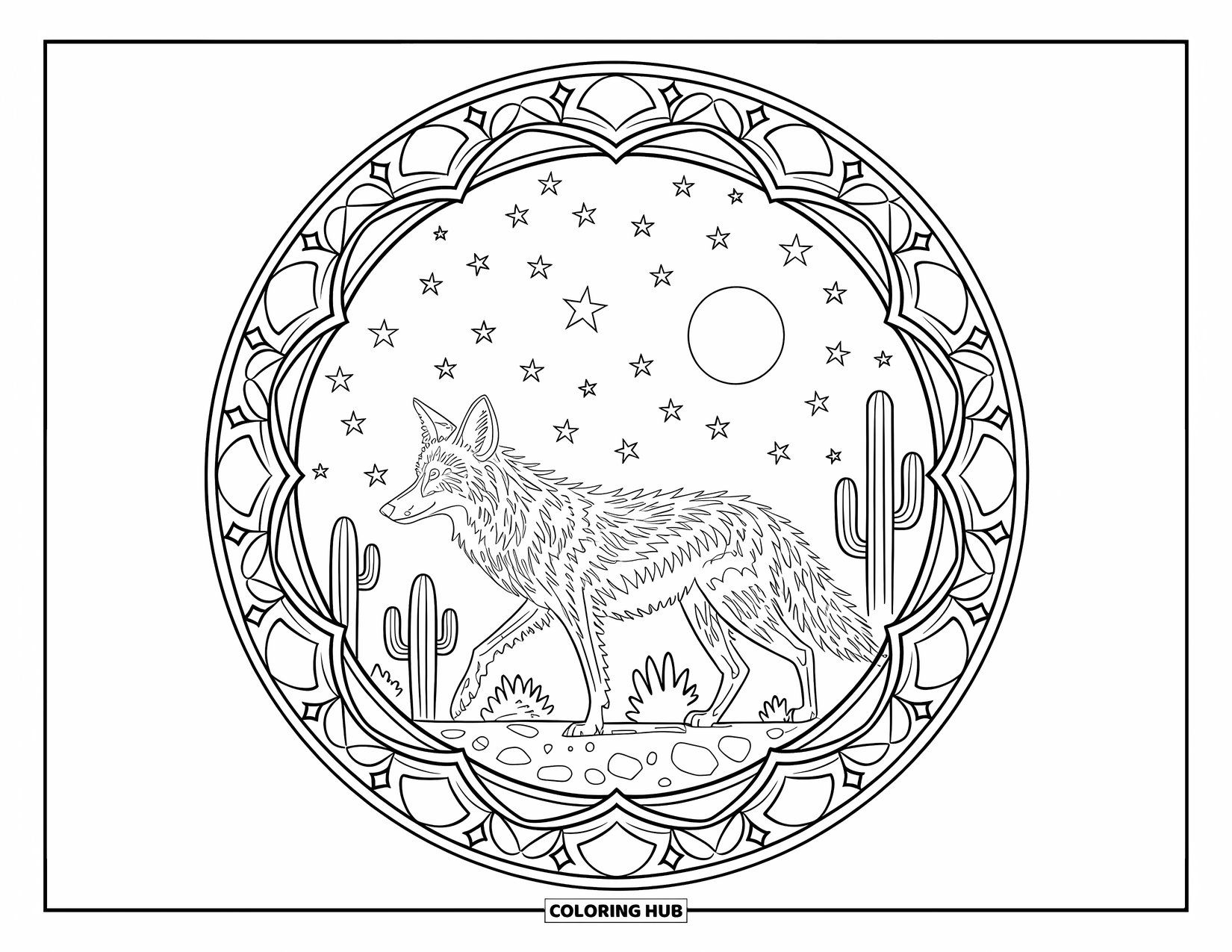 Coyote Coloring Page for Adults: A coyote under a bright moon walks through a desert surrounded by mandala details