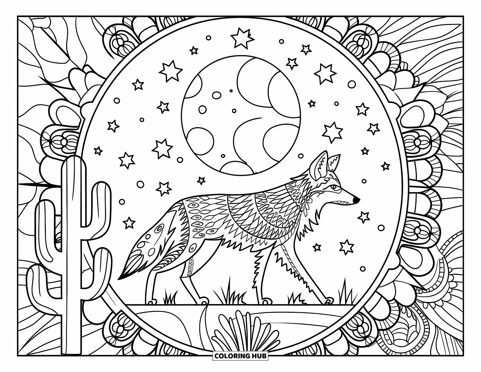 Coyote Coloring Page for Adults: A coyote walks beneath the moon surrounded by stars, cacti, and mandala patterns