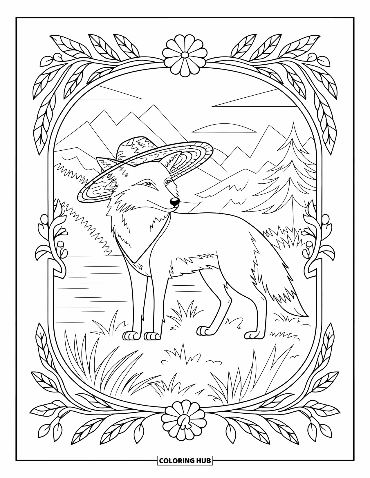 Coyote Coloring Page for Adults: A dressed-up coyote in a scenic view framed with floral and vine details