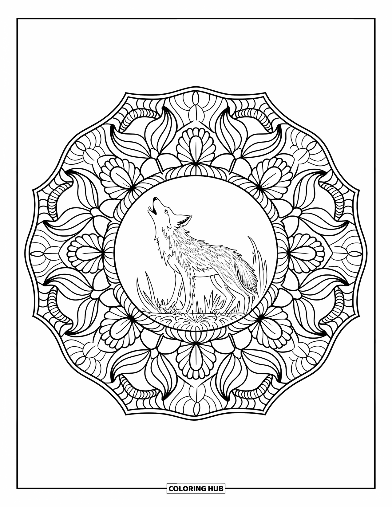 Coyote Coloring Page for Adults: A howling coyote stands at the center of a detailed floral mandala