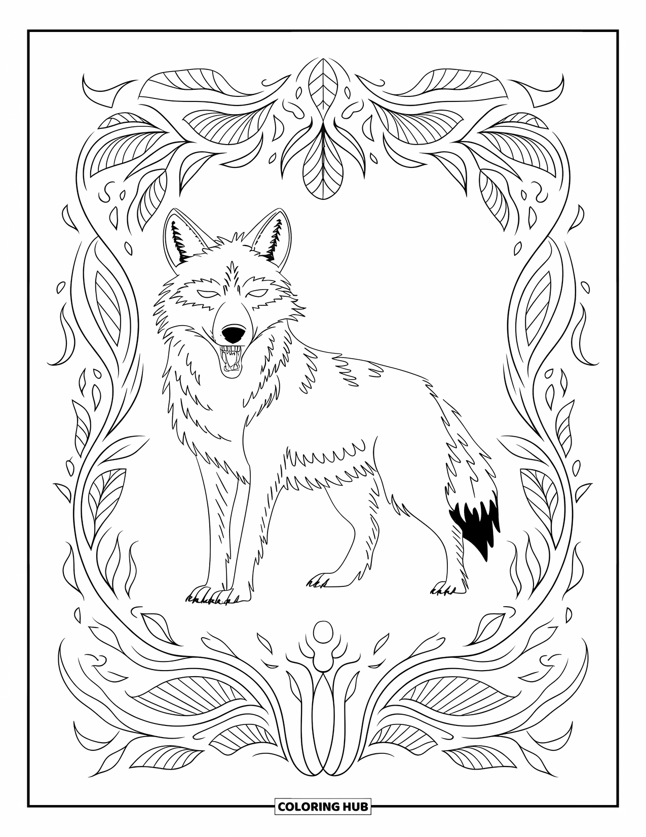 Coyote Coloring Page for Adults: A howling coyote stands surrounded by swirling vine and leaf patterns
