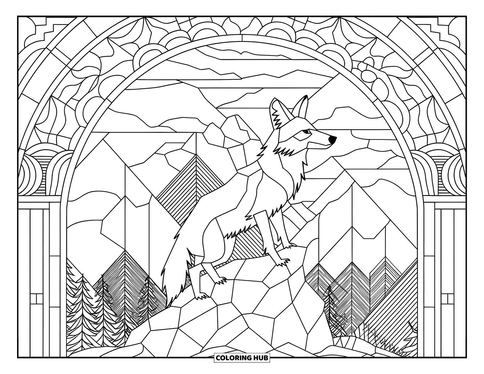 Coyote Coloring Page for Adults: A lone coyote sits on a rock surrounded by stained glass mountains and trees