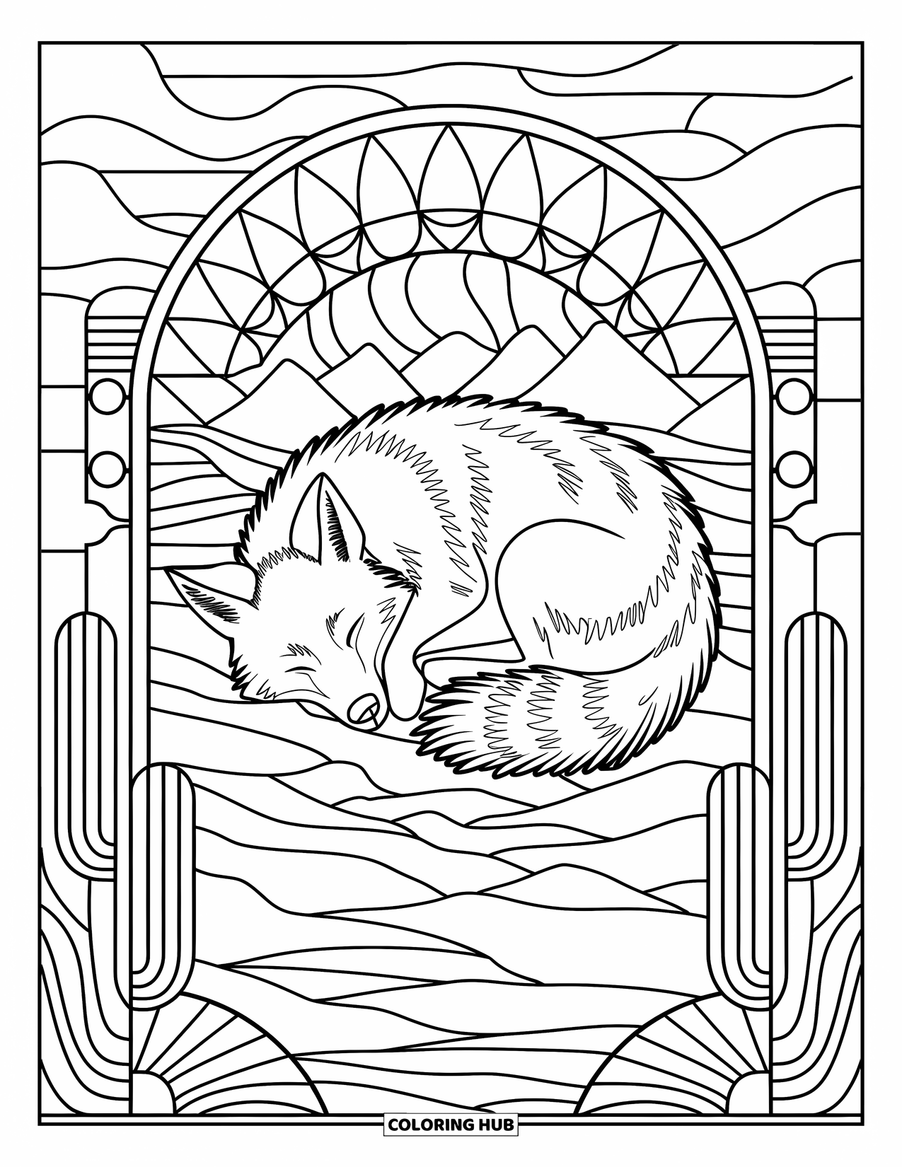 Coyote Coloring Page for Adults: A peaceful coyote sleeps curled up in an artistic desert landscape