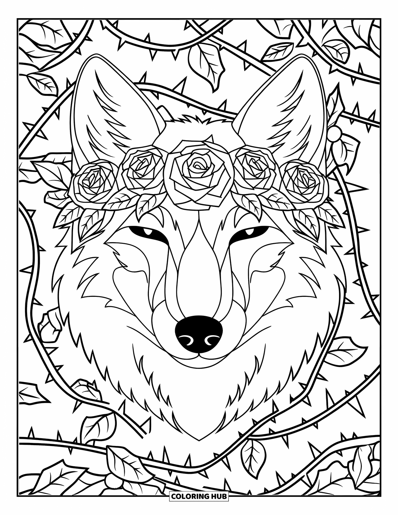 Coyote Coloring Page for Adults: A peaceful coyote with eyes closed wears a crown of roses and thorns