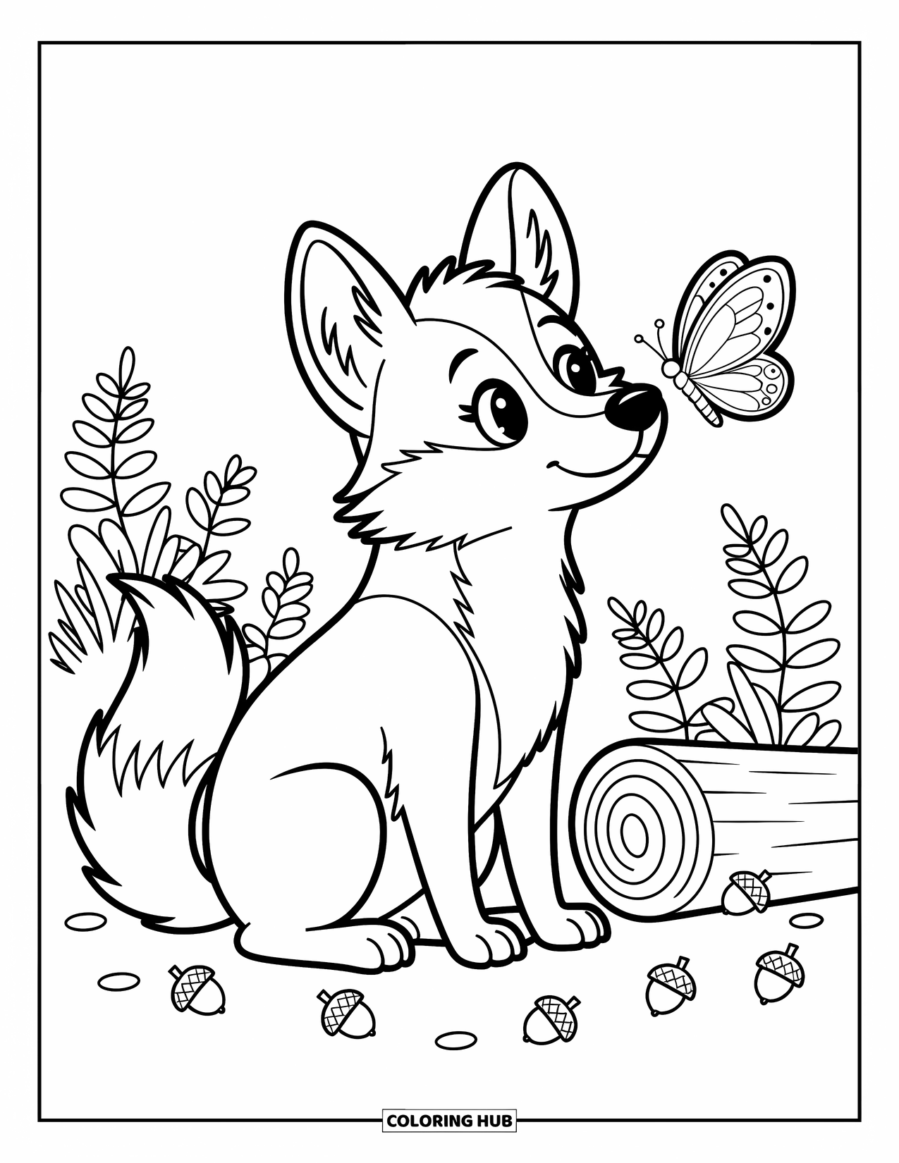 Coyote Coloring Page for Adults: Butterfly lands on coyote's nose as it sits calmly near ferns and a log