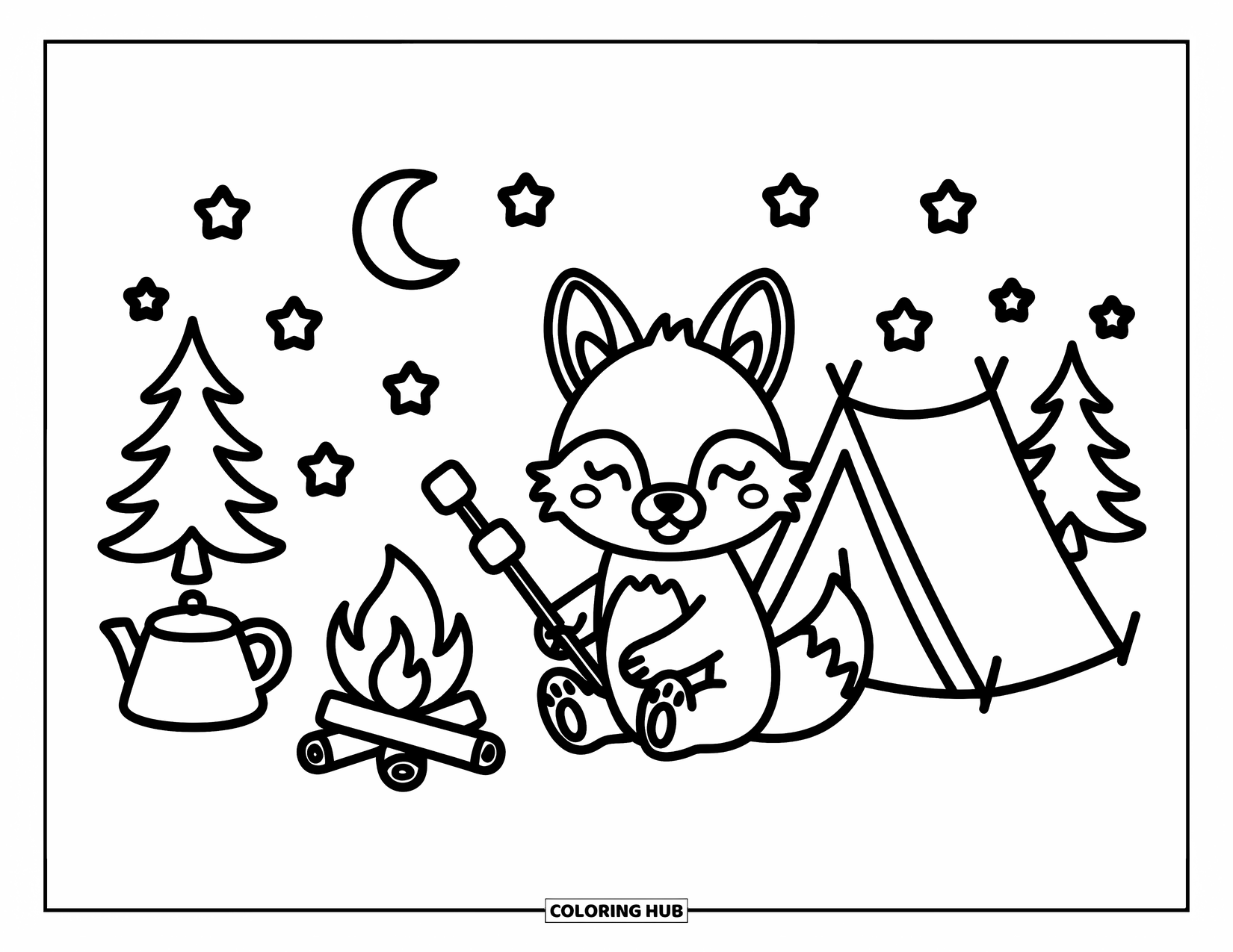 Coyote Coloring Page for Adults: Coyote enjoys a peaceful campfire with trees, a tent, and a glowing moon