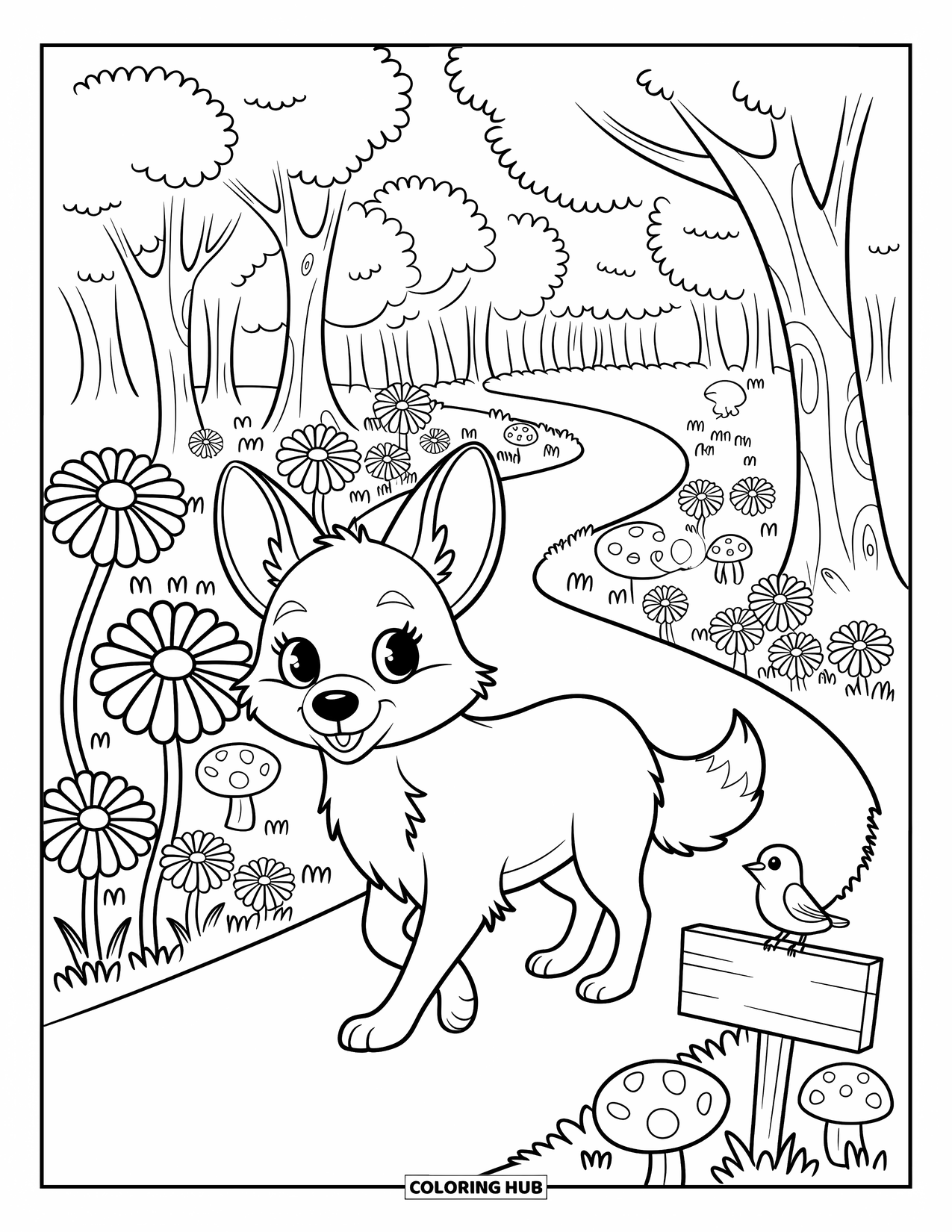 Coyote Coloring Page for Adults: Coyote explores a trail of daisies, trees, and mushrooms with a friendly bird nearby
