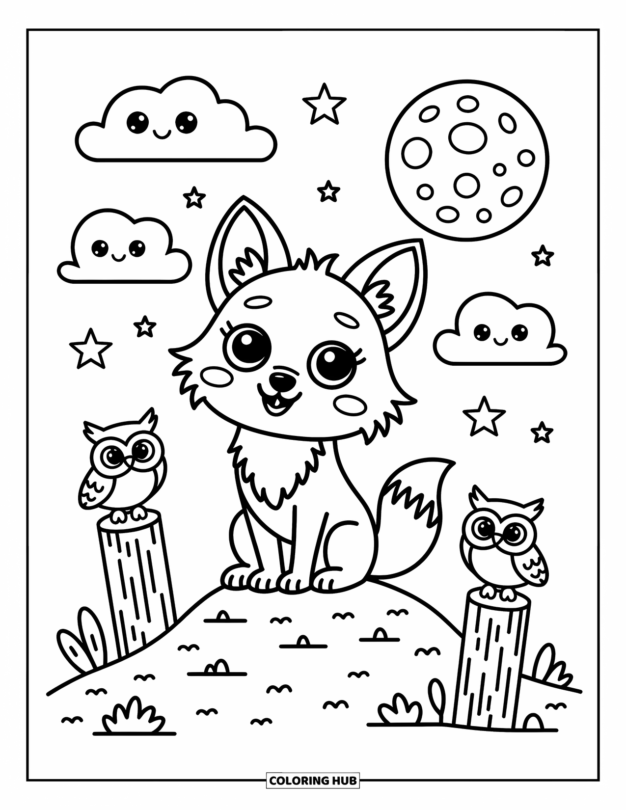 Coyote Coloring Page for Adults: Coyote looks up at the moon as stars twinkle and owls perch nearby