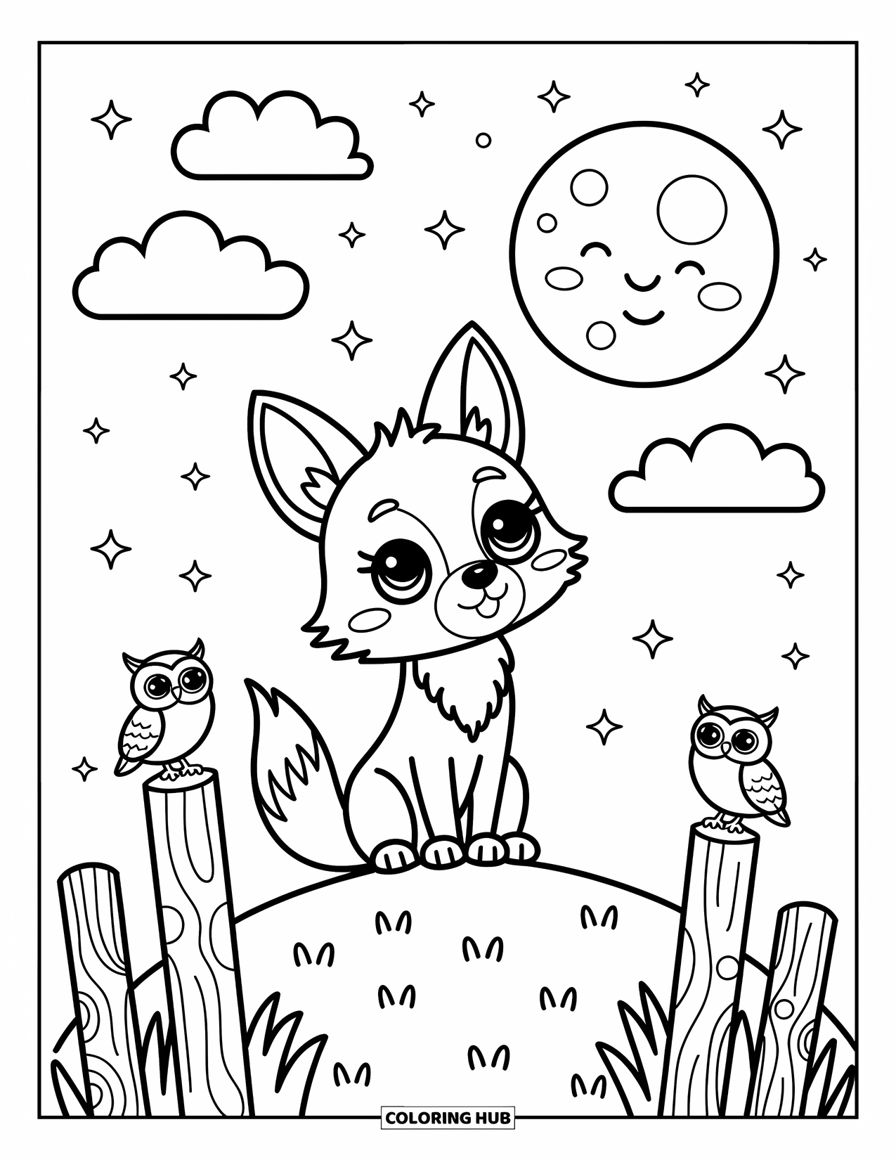 Coyote Coloring Page for Adults: Coyote sits on a hill under a glowing moon with stars and two little owls