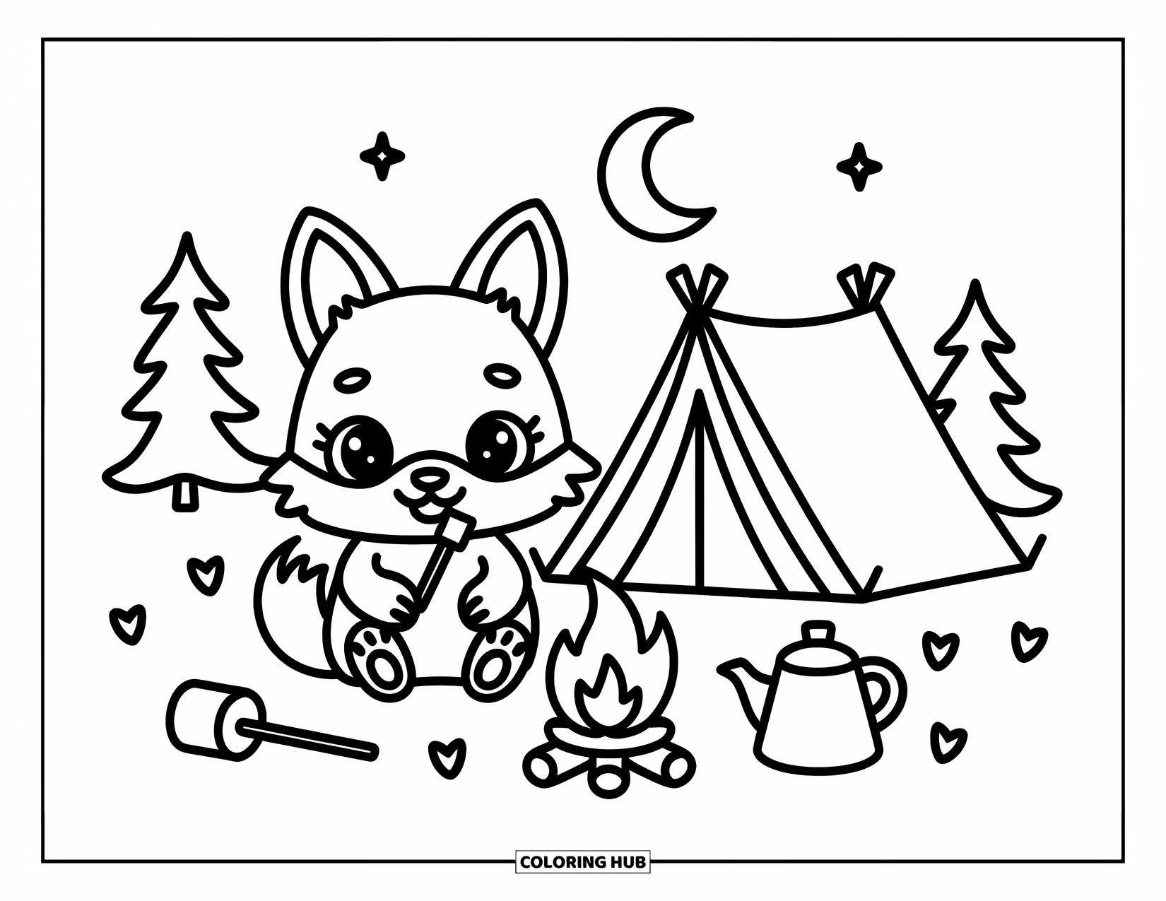 Coyote Coloring Page for Adults: Coyote sits warmly by a campfire with trees, a tent, and cozy night skies
