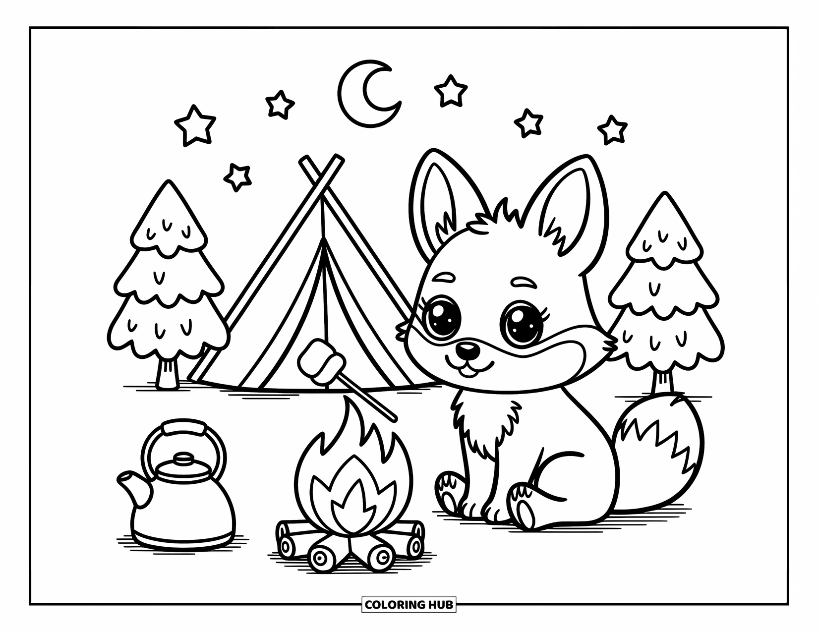 Coyote Coloring Page for Adults: Coyote smiles by the fire, stars twinkling above, with a kettle and tent nearby