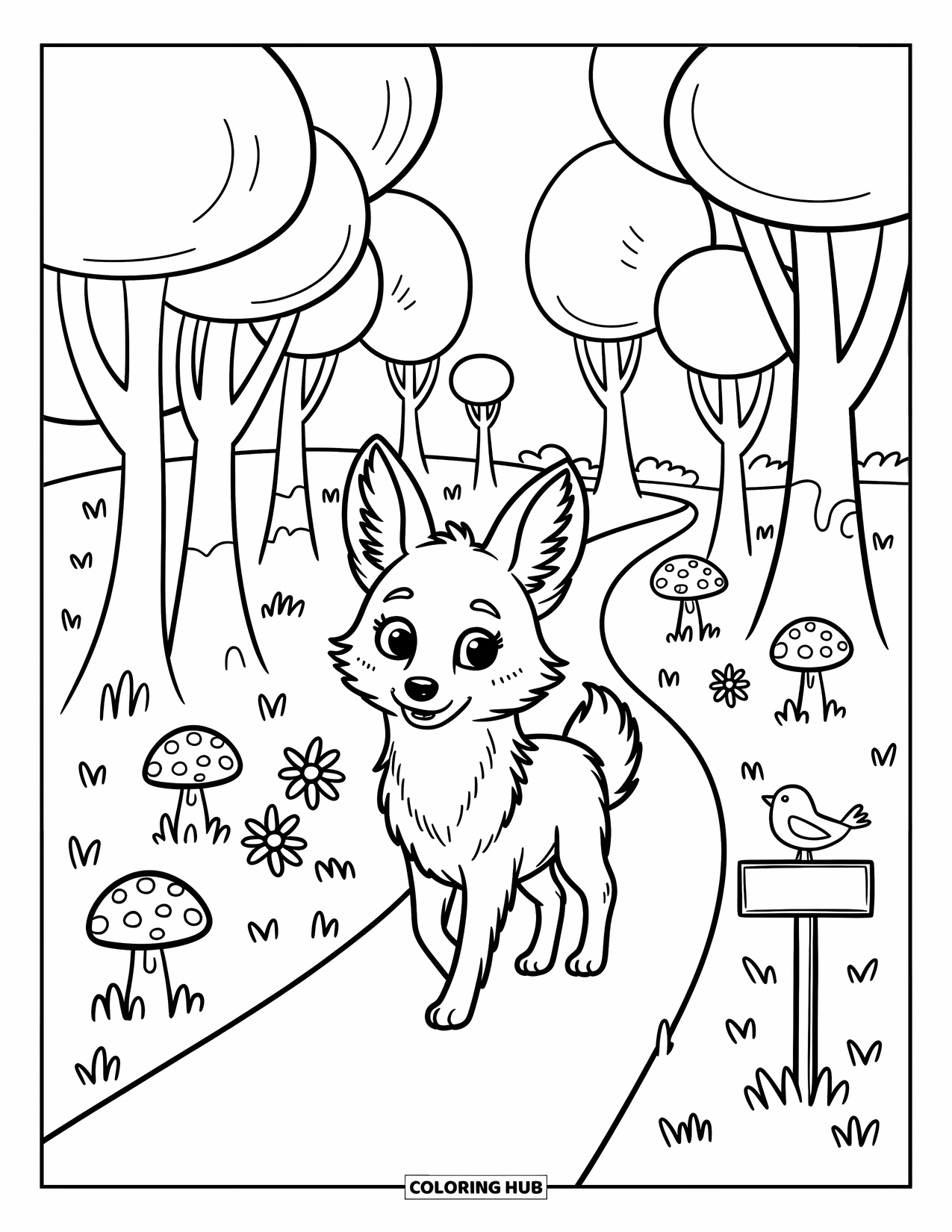 Coyote Coloring Page for Adults: Coyote strolls a flower path as a bird perches on a wooden sign