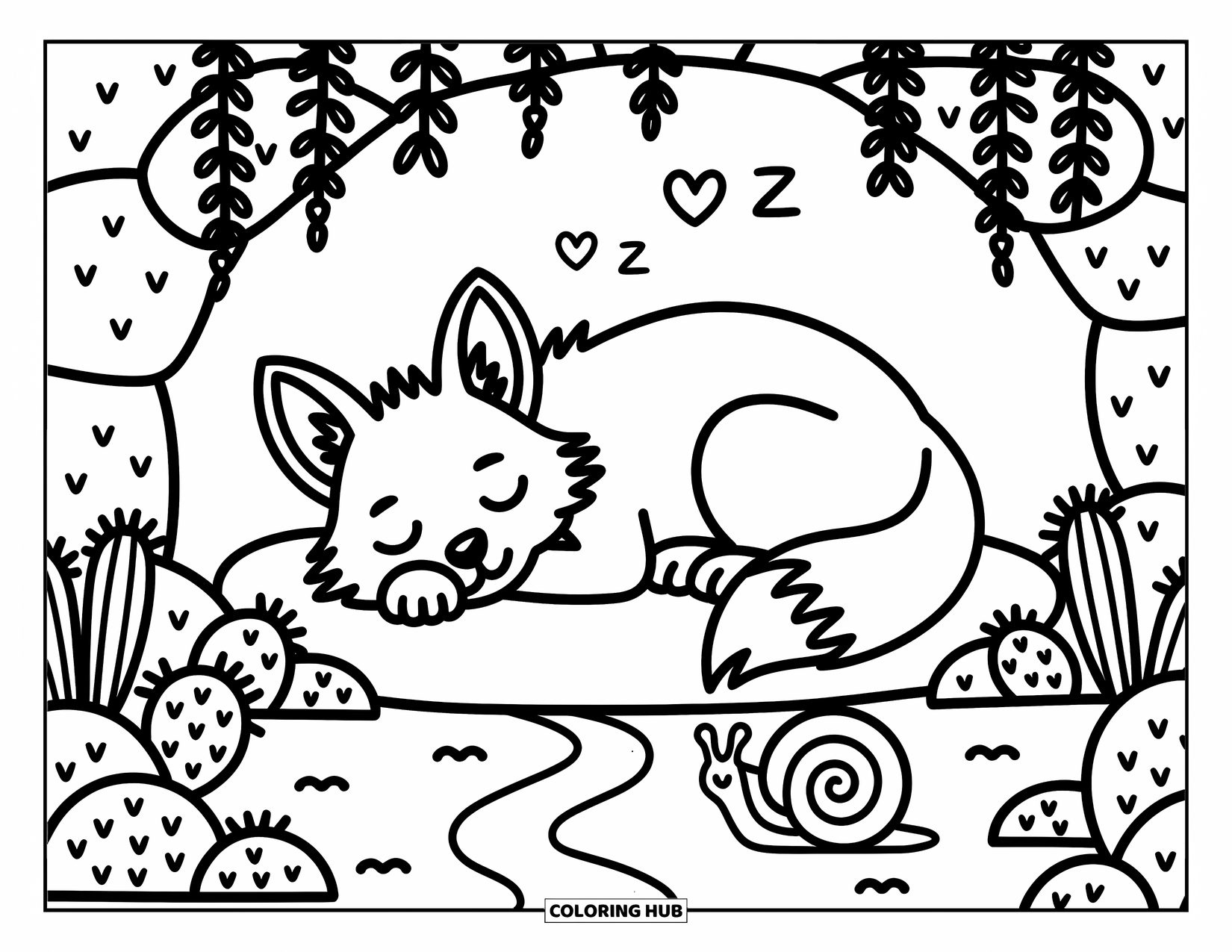 Coyote Coloring Page for Adults: Curled-up coyote naps peacefully under vines with floating hearts and a slow-moving snail