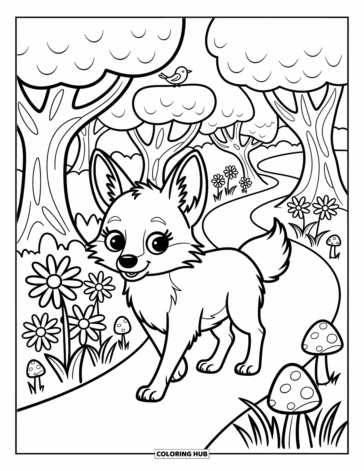 Coyote Coloring Page for Adults: Happy coyote trots past daisies and mushrooms with a bird resting on a sign
