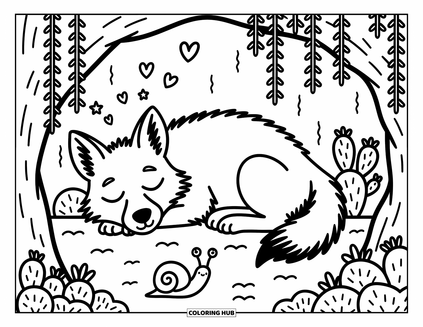 Coyote Coloring Page for Adults: Sweet coyote snoozes in a vine-covered nook as hearts and stars float above