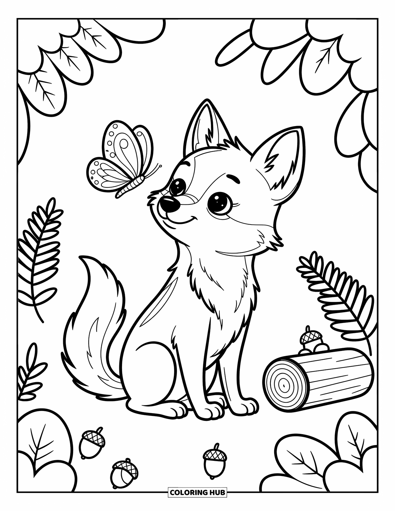 Coyote Coloring Page for Adults: Sweet coyote with a butterfly on its nose sits by ferns, acorns, and a log