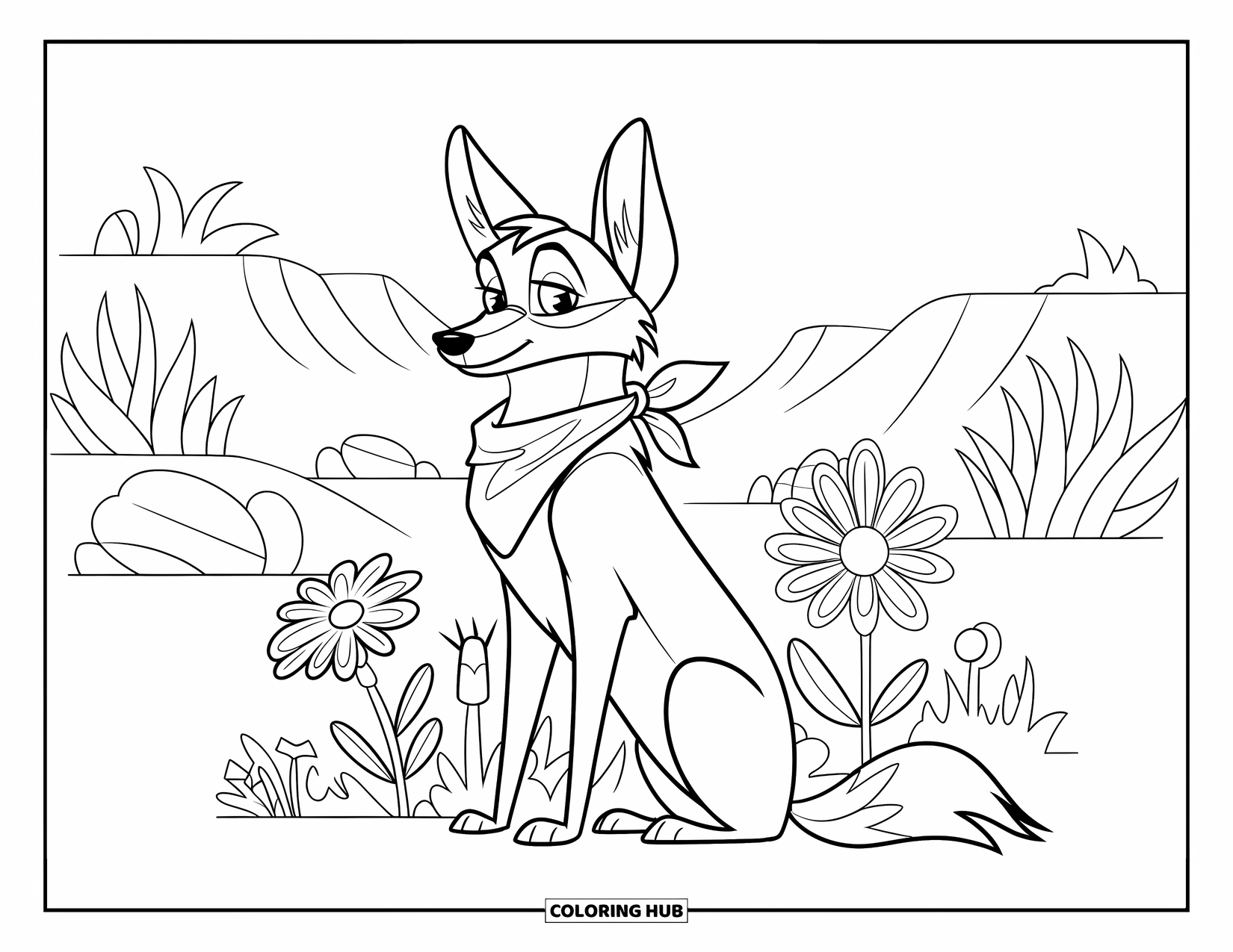 Coyote Coloring Page for Kids: Bandana-wearing coyote sits surrounded by flowers in a desert