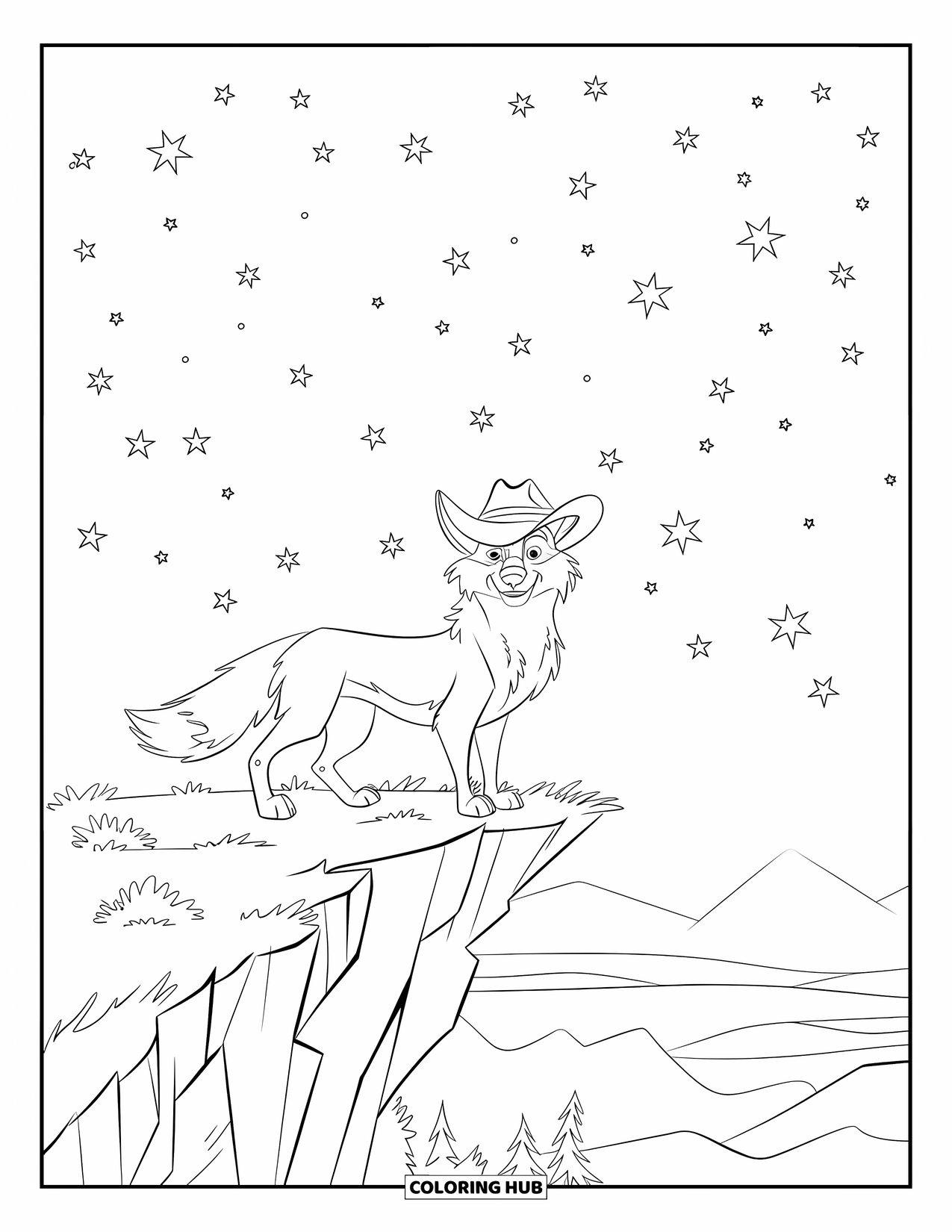 Coyote Coloring Page for Kids: Cowboy coyote gazes from a cliff into a starry mountain landscape