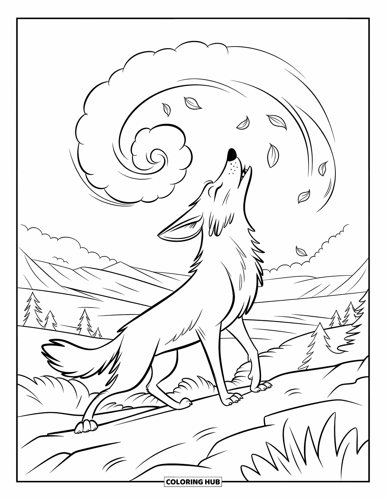 Coyote Coloring Page for Kids: Coyote howls beneath a spiral-shaped cloud in a windy valley