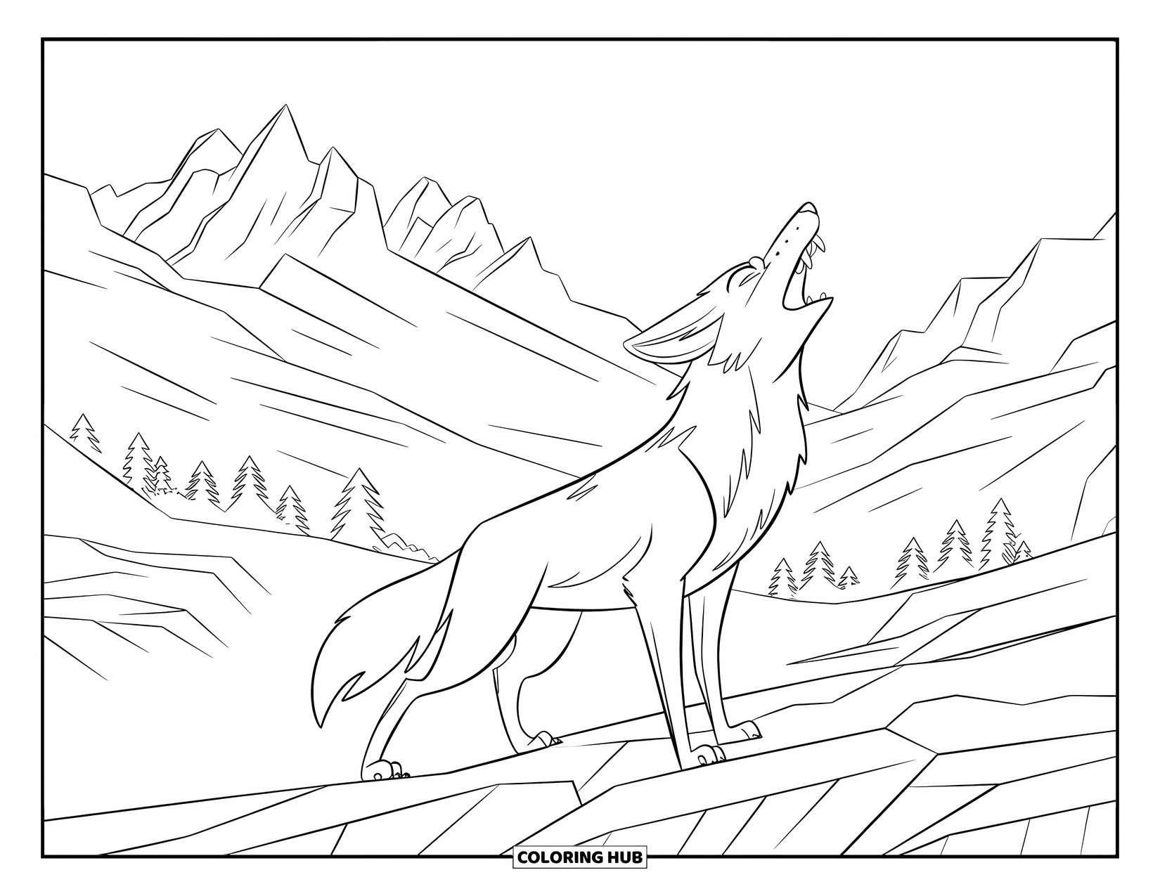 Coyote Coloring Page for Kids: Coyote howls under a starry sky with mountains and trees in the background